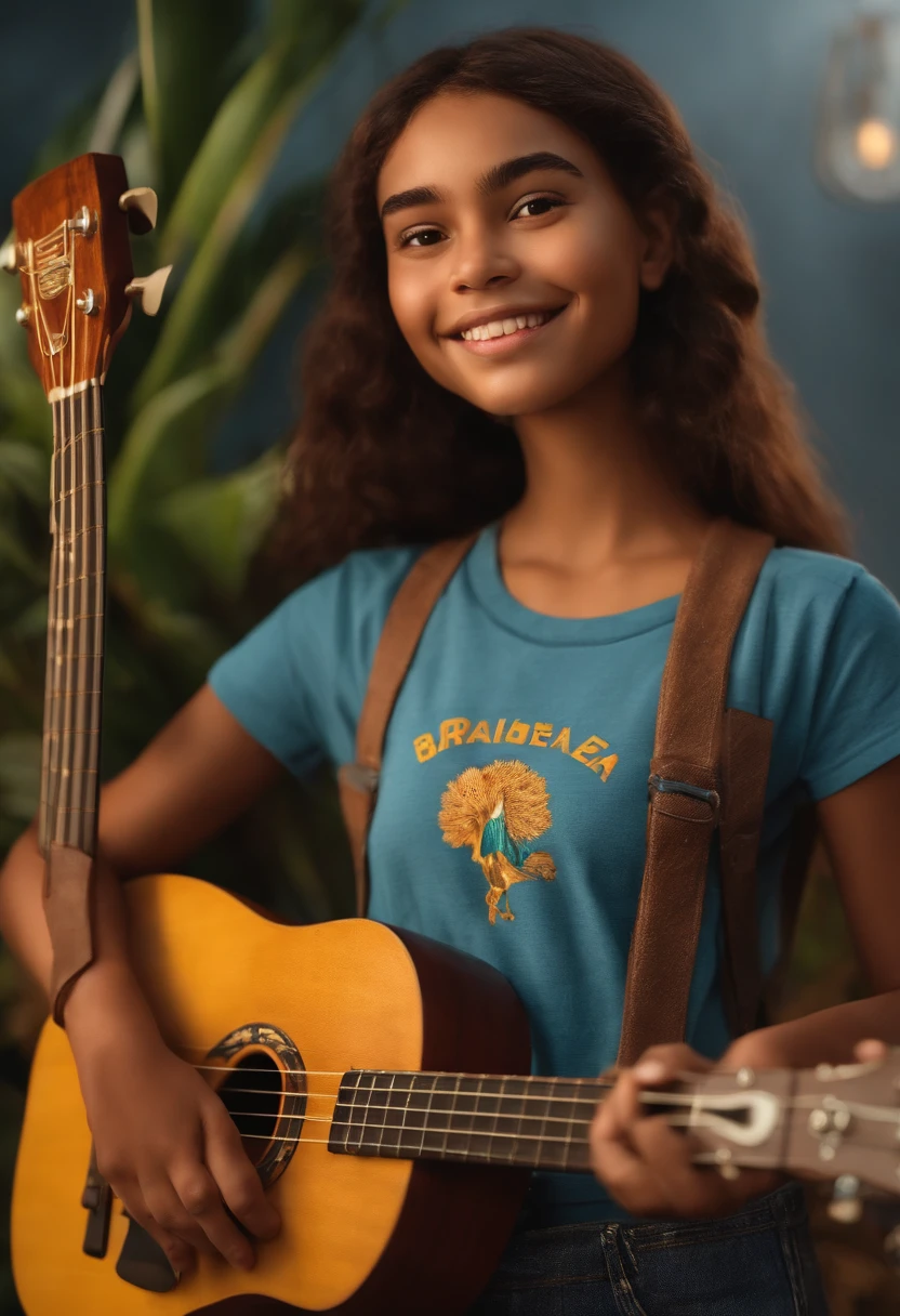 crie um banner no estilo Pixar. A girl with Brazilian features, branca com cabelos loiros, mas jovem, usando uma camiseta, Wearing jeans and holding a classic ukulele with 4 strings.