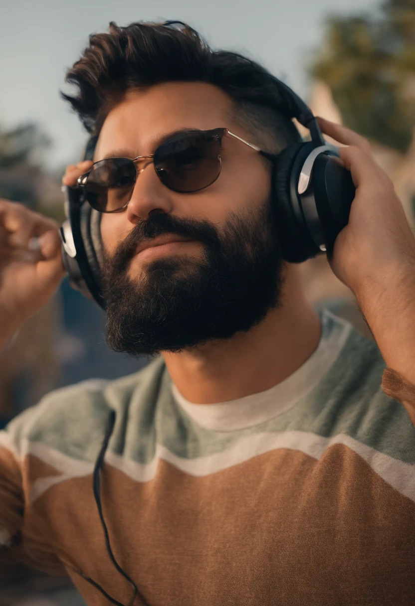 um homem rokeiro, em breve, barba curta, olhos castanhos, com fones de ouvido, A music studio in the background, Imagem no estilo Pixar, Estilo de filme animado 3D, Disney, camiseta preta