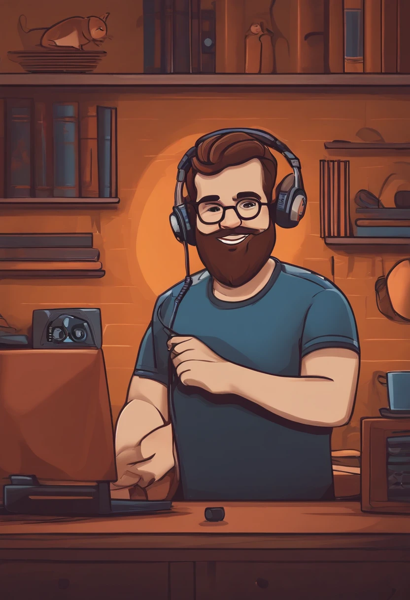 um homem rokeiro, em breve, barba curta, olhos castanhos, com fones de ouvido, A music studio in the background, Imagem no estilo Pixar, Estilo de filme animado 3D, Disney, camiseta preta