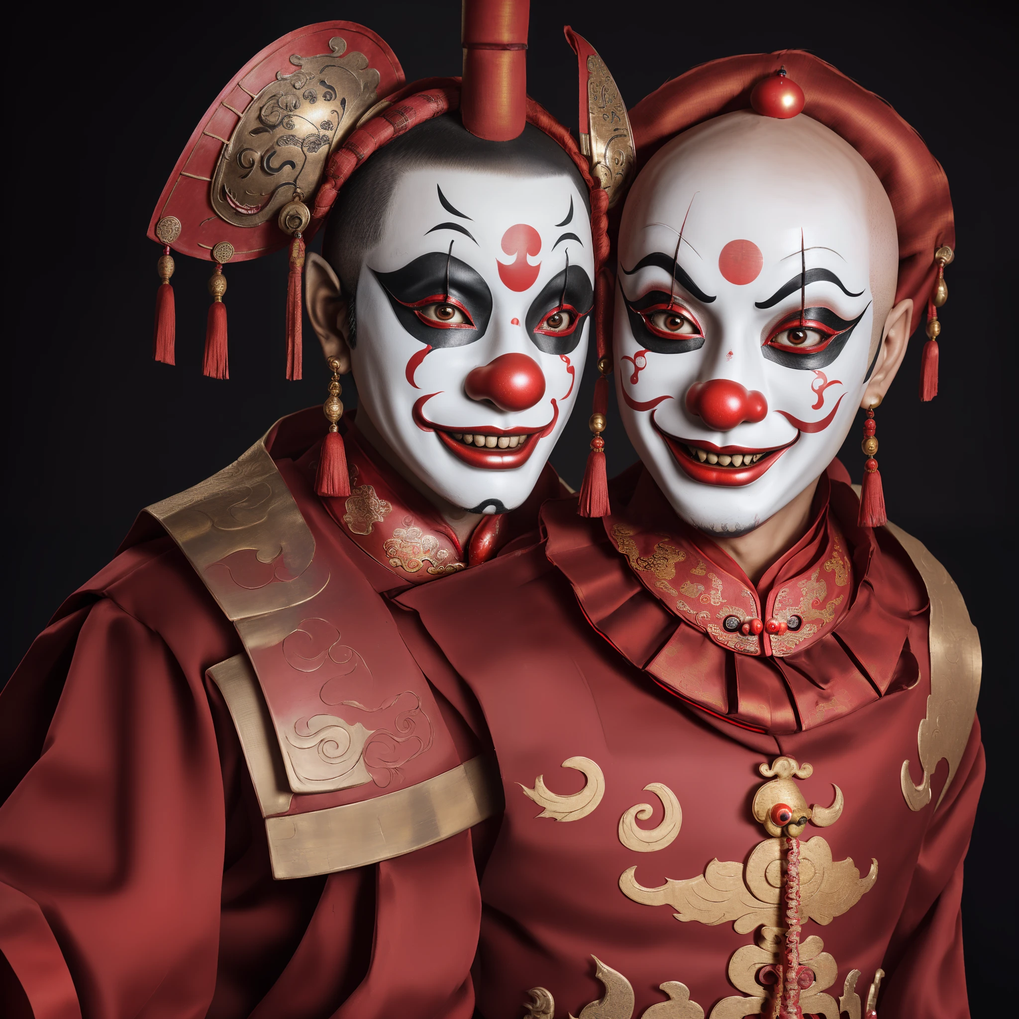 ((Close-up of a bald Sichuan drama clown mask), (bald-headed:1.37),closeup of face,Center your face,Big red nose,Big red nose,Panda makeup,Smoky makeup,crazy, clown face,Clown makeup, (Sichuan opera、beijing opera,Masks), Sichuan opera, Classic tracks, Masquerade masks,golden colored,red colour,colorful mask,Evil smile, Open your mouth and laugh,Black P masquerade mask, with detailed facial features, drama masks, Realistic, (Left and right asymmetry)
Masterpiece, Intricate details,hyper HD, Masterpiece, ccurate, Anatomically correct, Textured skin, High details, Award-Awarded, High quality, A high resolution, Best quality, 8K