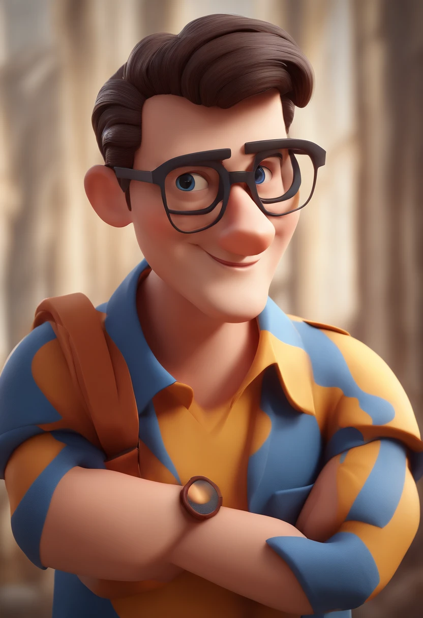 Cartoon character of a man with black glasses and a blue shirt, animation character, Caractere estilizado, animation style rendering, 3D estilizado, Arnold Maya render, 3 d render stylized, toon render keyshot, Personagem 3D, Personagem 3D, 3d rendering stylized, 3 d character render, personagem de desenho animado, Personagem de close up, Pose de personagem,  (Estilo Pixar) (master part:1.2) (Bokeh) (best quality) (pele detalhada) (textura detalhada) (8k) (argila) (Cinematic lighting) (foco nítido