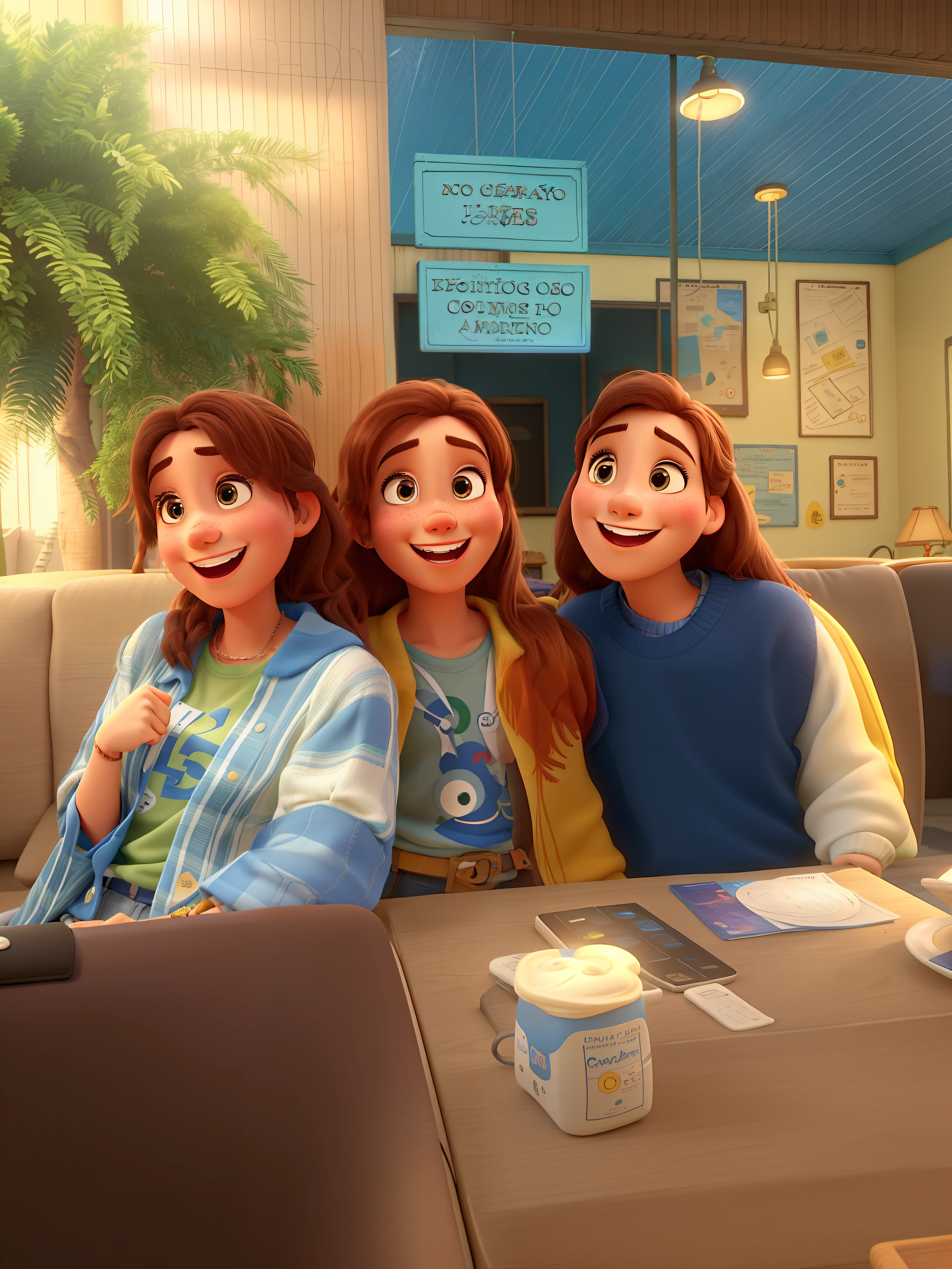 Three best friends having fun, imagens e detalhes de alta qualidade, Maintain the standard of clothing, Modelo Disney Pixar, Copy features from characters' faces