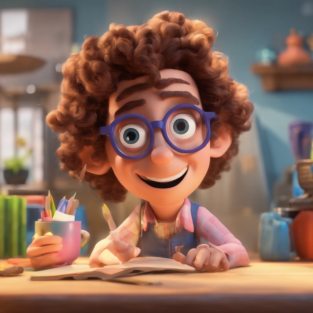 Crie um cartaz inspirado na Disney Pixar, A brunette man with curly hair wearing glasses