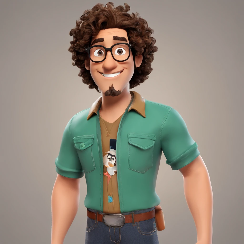Crie um cartaz inspirado na Disney Pixar, A brunette man with curly hair wearing glasses