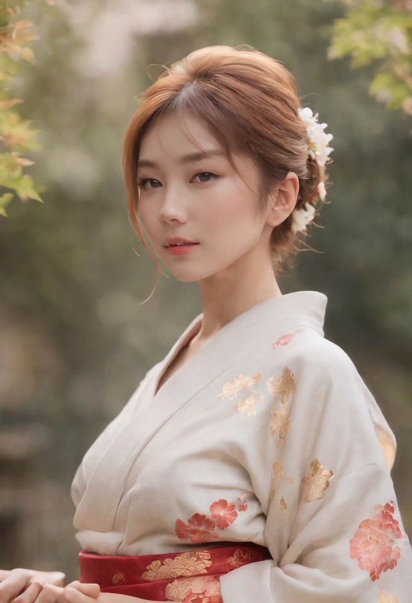 One Girl,((kimono)),Highest Quality, in 8K,Masterpiece:1.3,(hands behind),Low Exposure,shorthair,gold hair,Full Body Shot, Large Chest, Ultra-detailed Face, Detailed Eyes, Big Bust, Double Eyelids, Best Smile,b3rli,asian girl,Japanese castle,perfect,little_cute_girl,hand