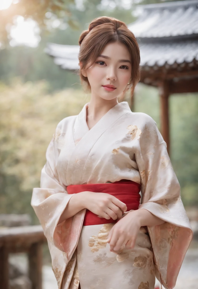 One Girl,((kimono)),Highest Quality, in 8K,Masterpiece:1.3,(hands behind),Low Exposure,shorthair,gold hair,Full Body Shot, Large Chest, Ultra-detailed Face, Detailed Eyes, Big Bust, Double Eyelids, Best Smile,b3rli,asian girl,Japanese castle,perfect,little_cute_girl,hand
