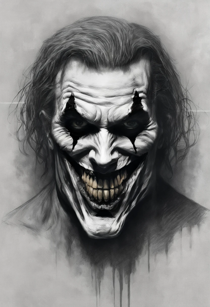 "Disfigured Joker mask, sorriso sinistro, blood tears, sombrio, qualidade excepcional, multiple scars on the face, cabelos verdes."