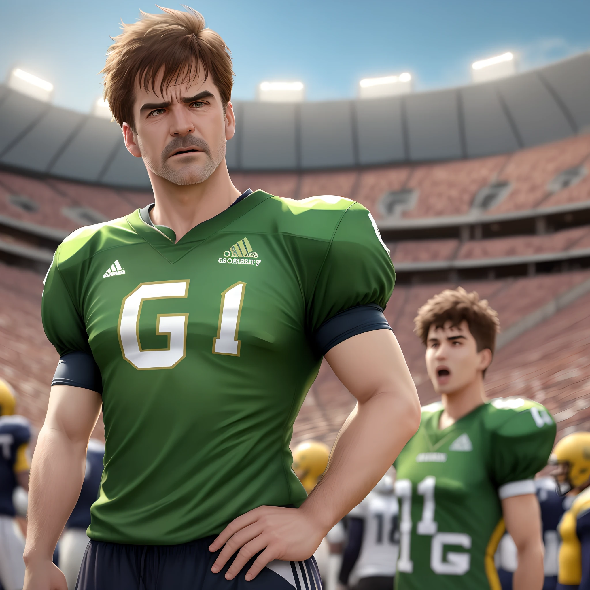 Disney Pixar Um homem de 45 anos, cabelos arrepiados grisalhos, with a green t-shirt with the letter G written on it, olhos verdes, olhando um telefone celular, with an expression of anger, in the background a football stadium, The day is sunny.