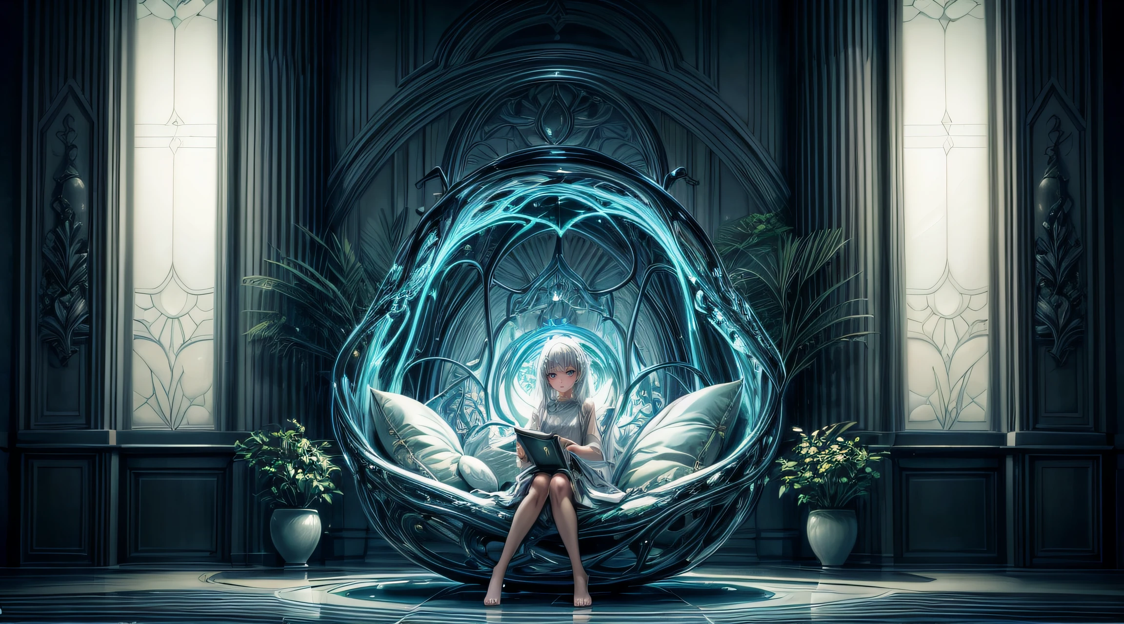 "Generate a compelling and imaginative scene，A young girl in a futuristic biomorphic living room. The living room should have an organic one, Otherworldly design, With furniture and elements that resemble natural forms, Botanical chair, Biomorphic table, and walls that seem to flow like water or like bark.
The girl should be the central focus of the image, She should appear relaxed and at ease, It was as if she was in her own comfortable sanctuary. She can sit or recline on one of the biomorphic furniture, Reading a book, Or engage in some creative or leisure activities.
The lighting in the room should be soft and soothing, With warmth, etherealglow，Enhances the feeling of tranquility and comfort. Bioluminescent accents in the room can provide soft lighting.
The color palette should be harmonious，Inspired by nature, A mix of earth tones and pastel pastels. Make sure the details of the biomorphic living room are intricate and visually appealing, A seamless blend of nature and technology. Overall, The image should evoke a feeling of wonder and relaxation, It is as if the girl is in a space where the boundaries between nature and artificially blurred."