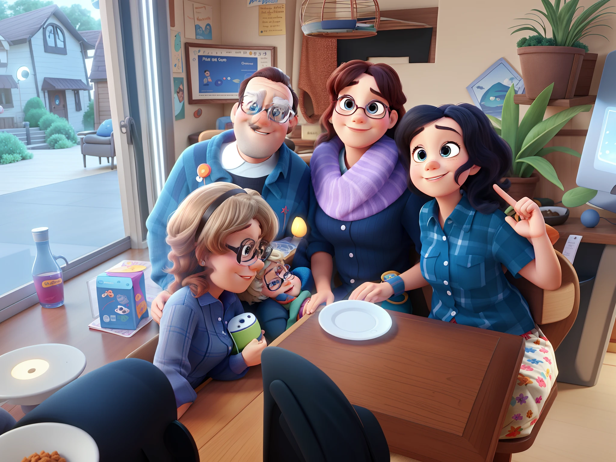 Pixar-style family made up of Father, mother and two daughters,
