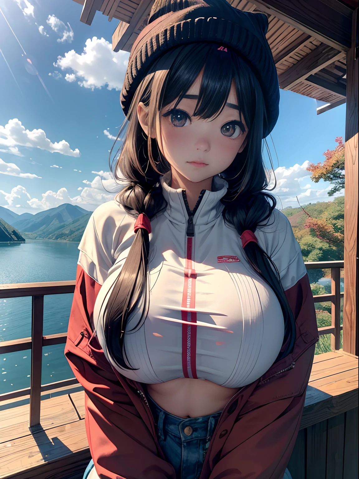 A teenage girl、(masterpiece:1.4)、(in 8K、realisitic、Raw photo、top-quality:1.4)、(Real Face:1.4)、(real looking skin:1.3)、超A high resolution、A hyper-realistic、Eyes in Beautiful Details、Brown twin tails、mountaineering、Mountaineering coat、knit hat、no-bra、(huge-breasted:1.5)、gargantilha、Blushing、alluring face、autumnal、lake