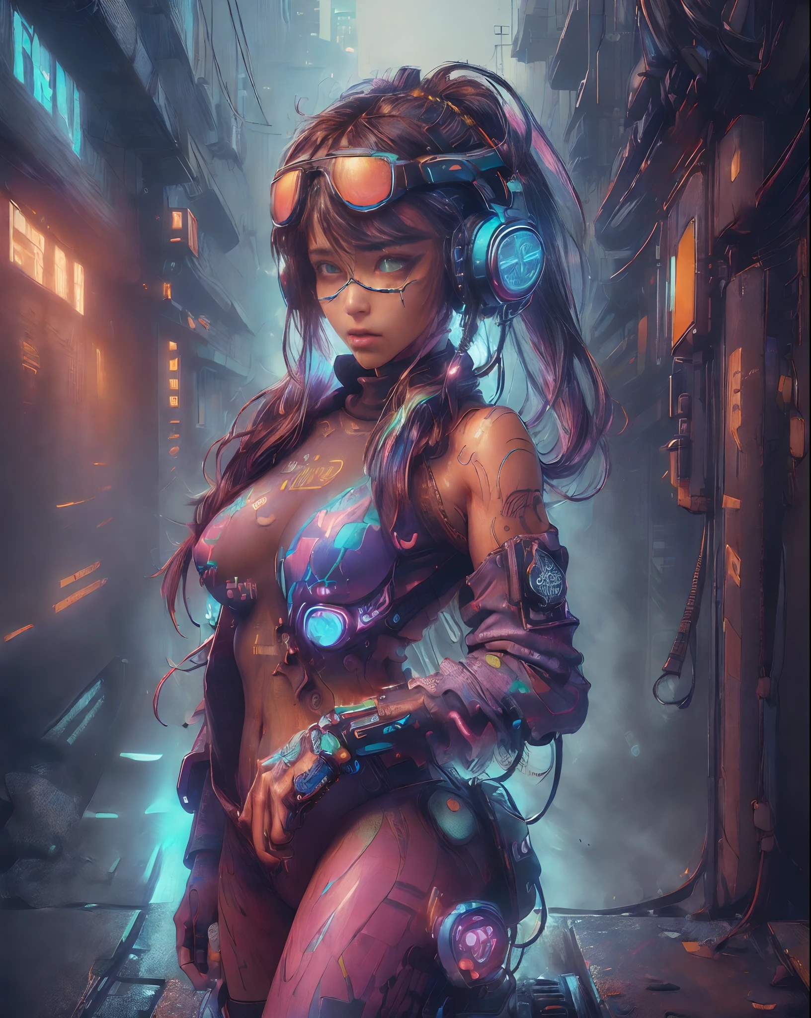 (((Random posture:1.2))), (masterpiece,best quality,ultra detailed,ultra high res,detailed background),((cyberpunk)),((flat color)),((colorful)),(1girl),pilot,pilot helmet,pilot jacket,looking_at_viewer, (headphones:1.2),solo,upper body,colored background,high contrast,contrasting colors, large_breast, turtle neck, off shoulder, neon:1.7,