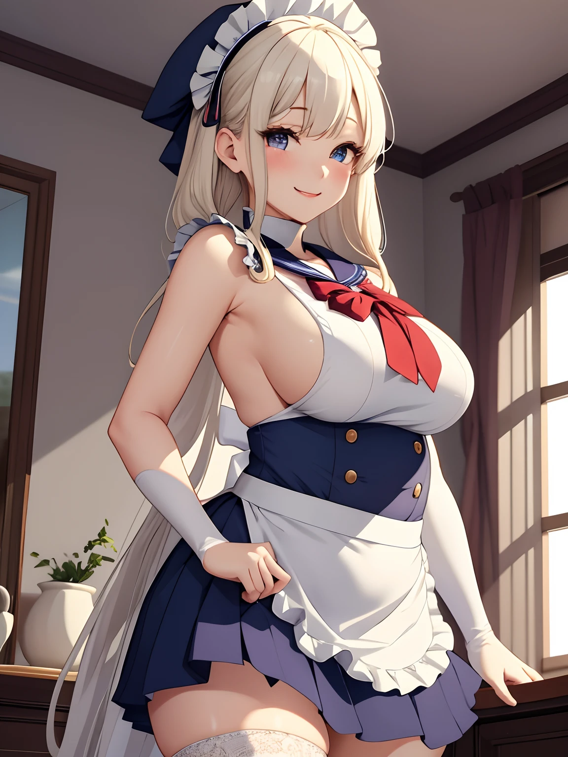 top-quality、realistic touch,high-detail、photoRealstic、 Erotic sailor suit、High school students、Long body、Sheer costumes、skirts that are too short、Not wearing underwear、big eye、long lashes、Long upper eyelashes、platinum-blonde、cute little、Beautie、A sexy、full body Esbian、Sparkling eyes、Submissive smile、Flushed cheeks、Kamimei、Big buttocks、thin-waist、Sleeveless、visible from the side、Sexy armpits、Voluptuous thighs、Enraptured look、Apron costume、Plump thighs protruding from knee socks、A maid working in a nobleman's mansion、Clothes with open sides