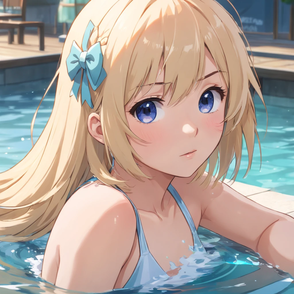 1 girl  Blue  eye  Twin tell hair tsurime Swimsuit bikini lying on the pool side  side on the bikini