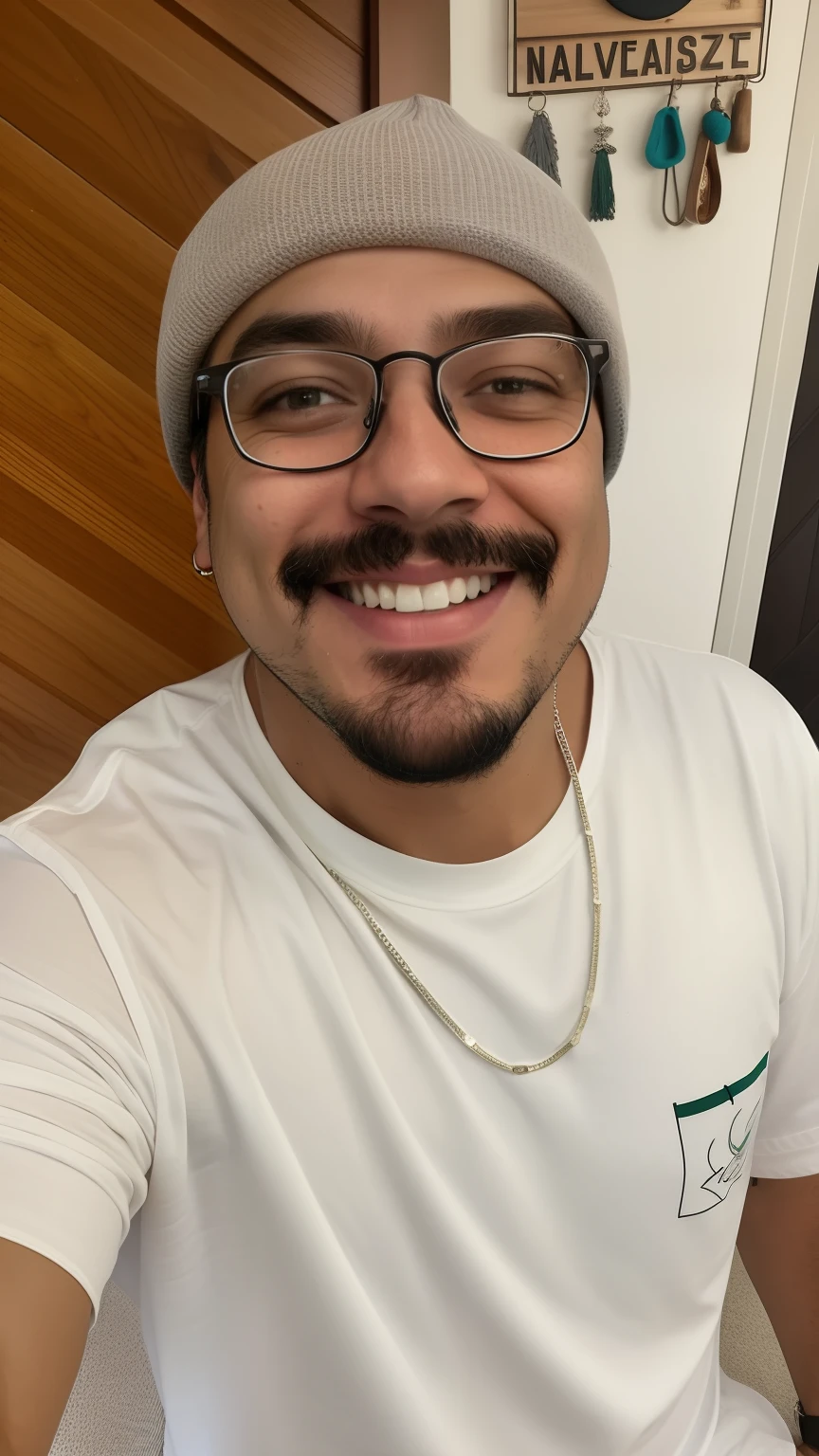 Smiling man in white shirt and beanie with a chain around his neck, with glasses and goatee, com nerd! glasses! e cavanhaque, foto de perfil headshot, with nerdy glasses and goatee, Bigode mexicano, taken in the early 2020s, com bigode, Carmelo Blandino, victor maristane, caio santos