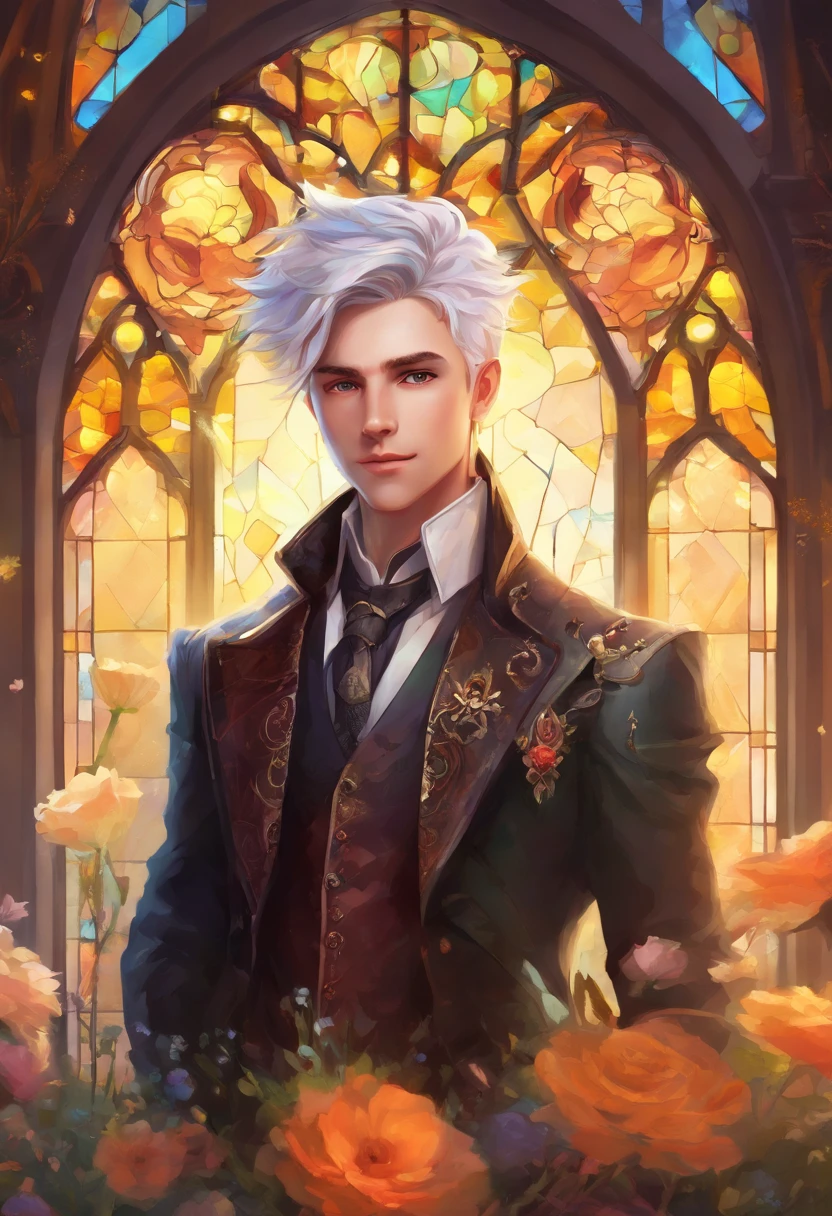 Silver-haired beautiful boy with spiked hair、tailcoat、Inside a church with stained glass、moonlights、Flowers scattered on the floor