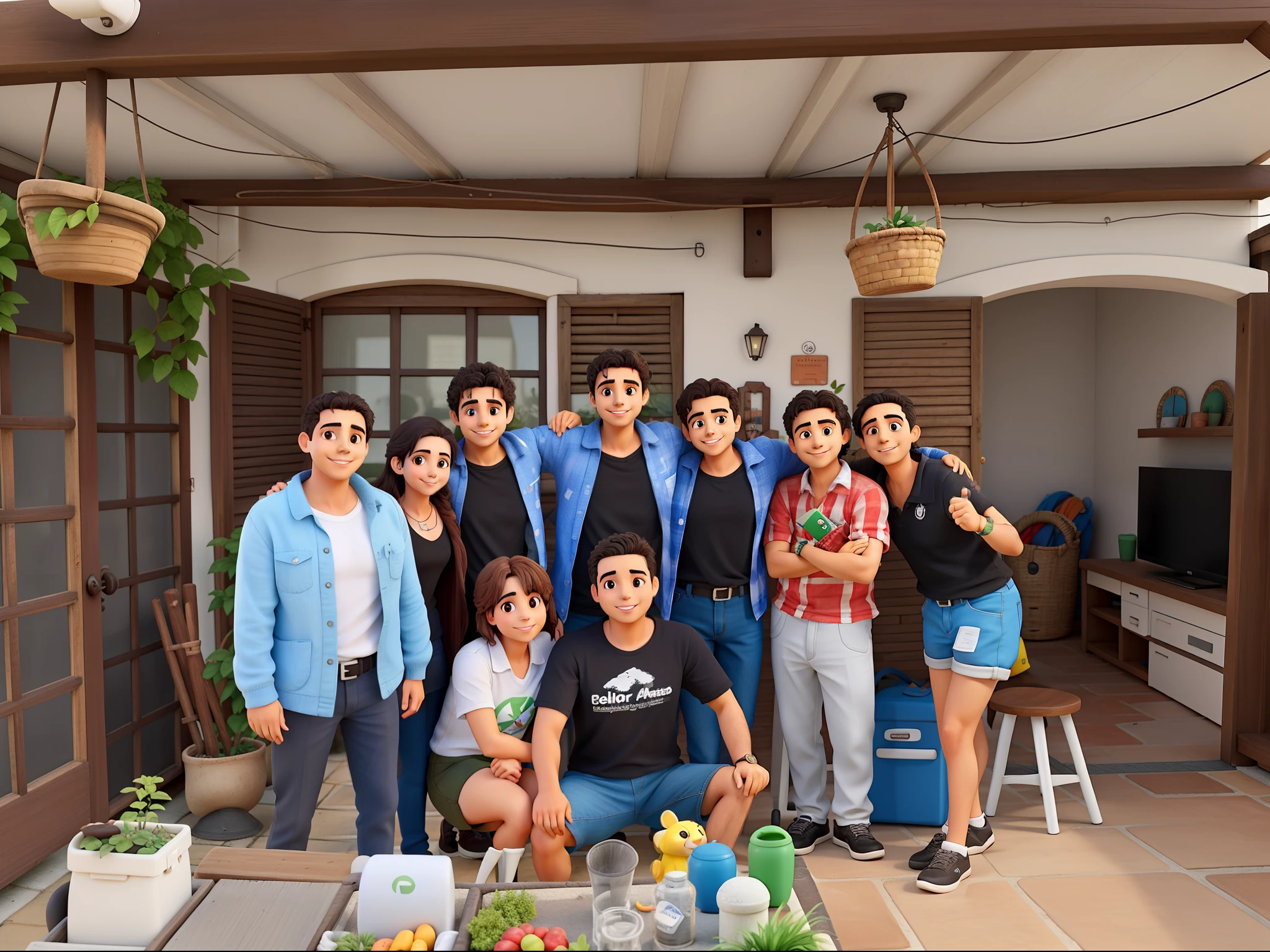 Amigos reunidos para foto em frente a casa, com alta qualidade