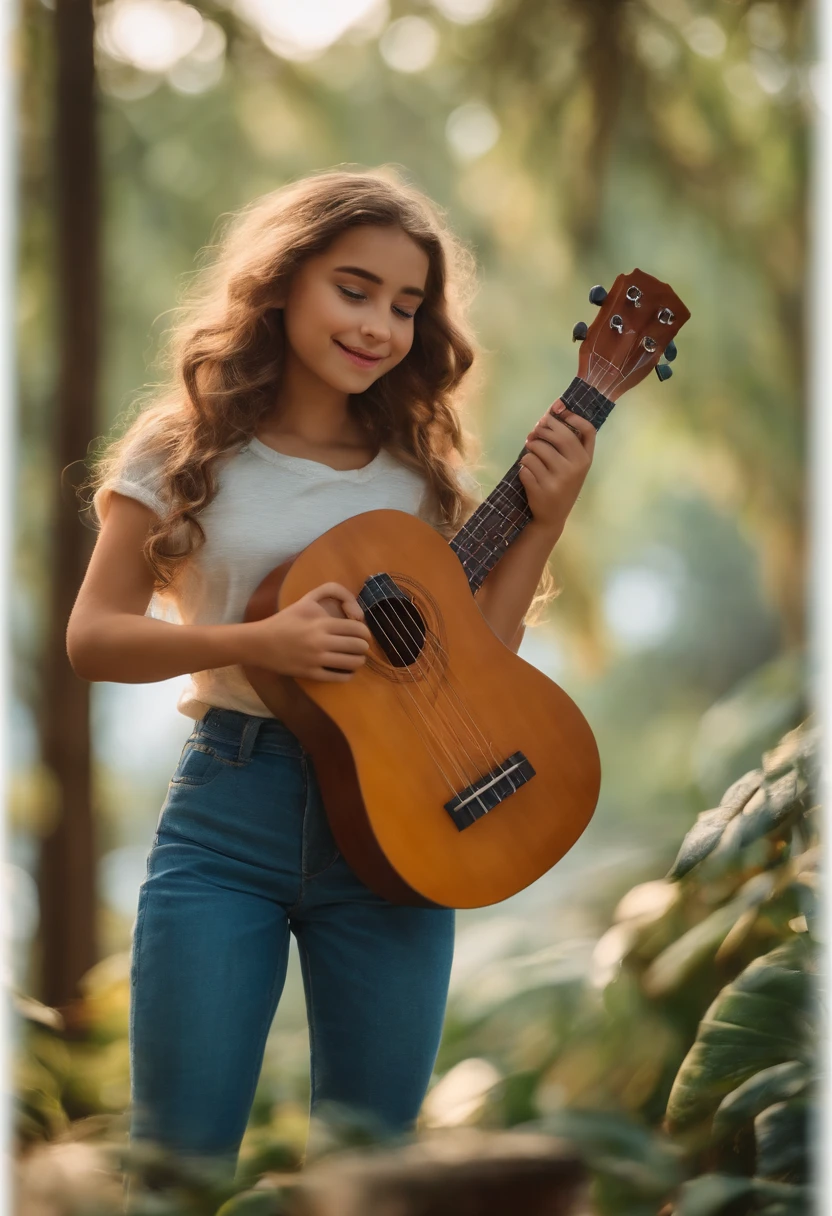crie um banner no estilo disney Pixar. Uma , branca, loira de olhos azuis, mas jovem, usando uma camiseta, Wearing jeans and holding a classic ukulele with 4 strings.