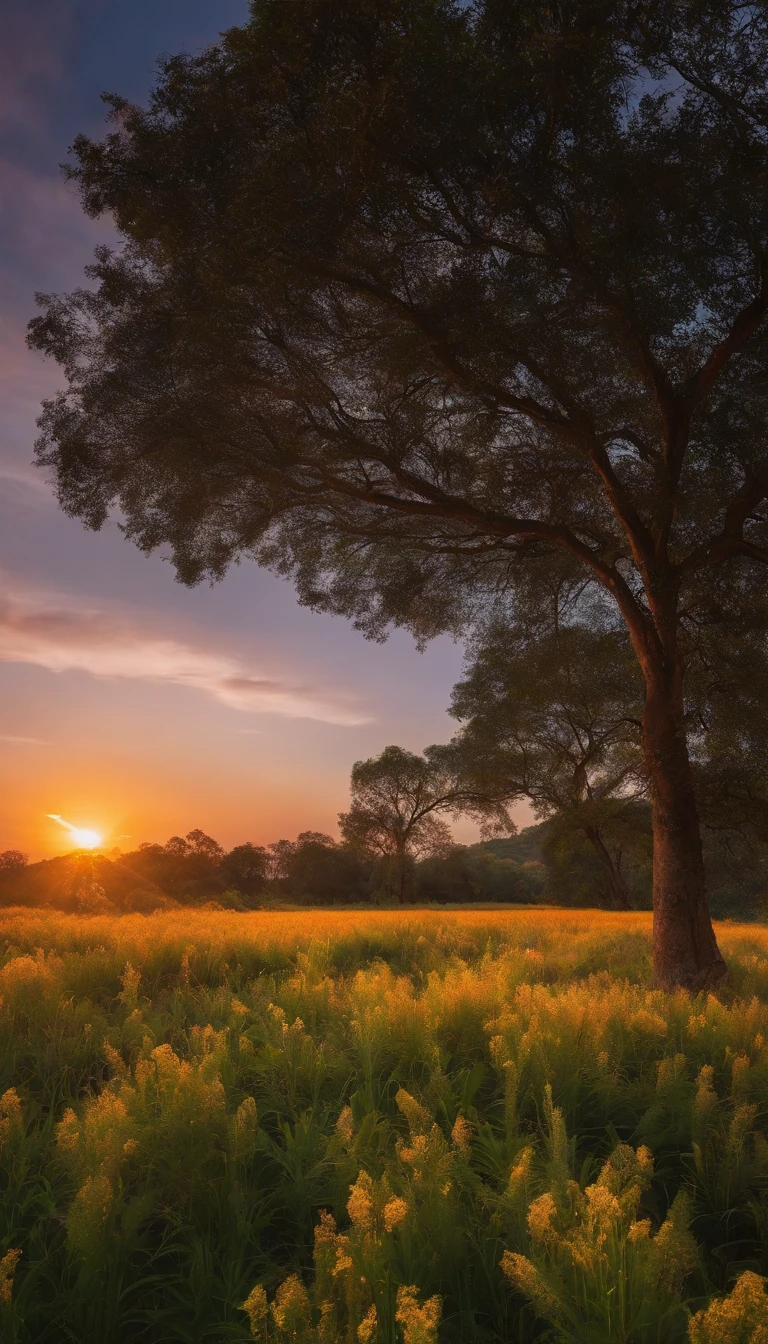 campo de trigo com um por do sol e uma brisa suave,real UHD