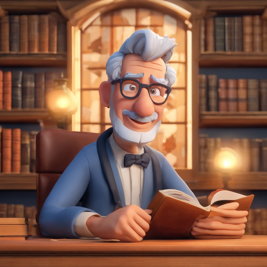 Crie um cartaz inspirado na Disney Pixar com o personagem sendo o pastor Rubens Janier, A gray-haired man wearing glasses, in an office with a Bible on the table, Looking forward and serious