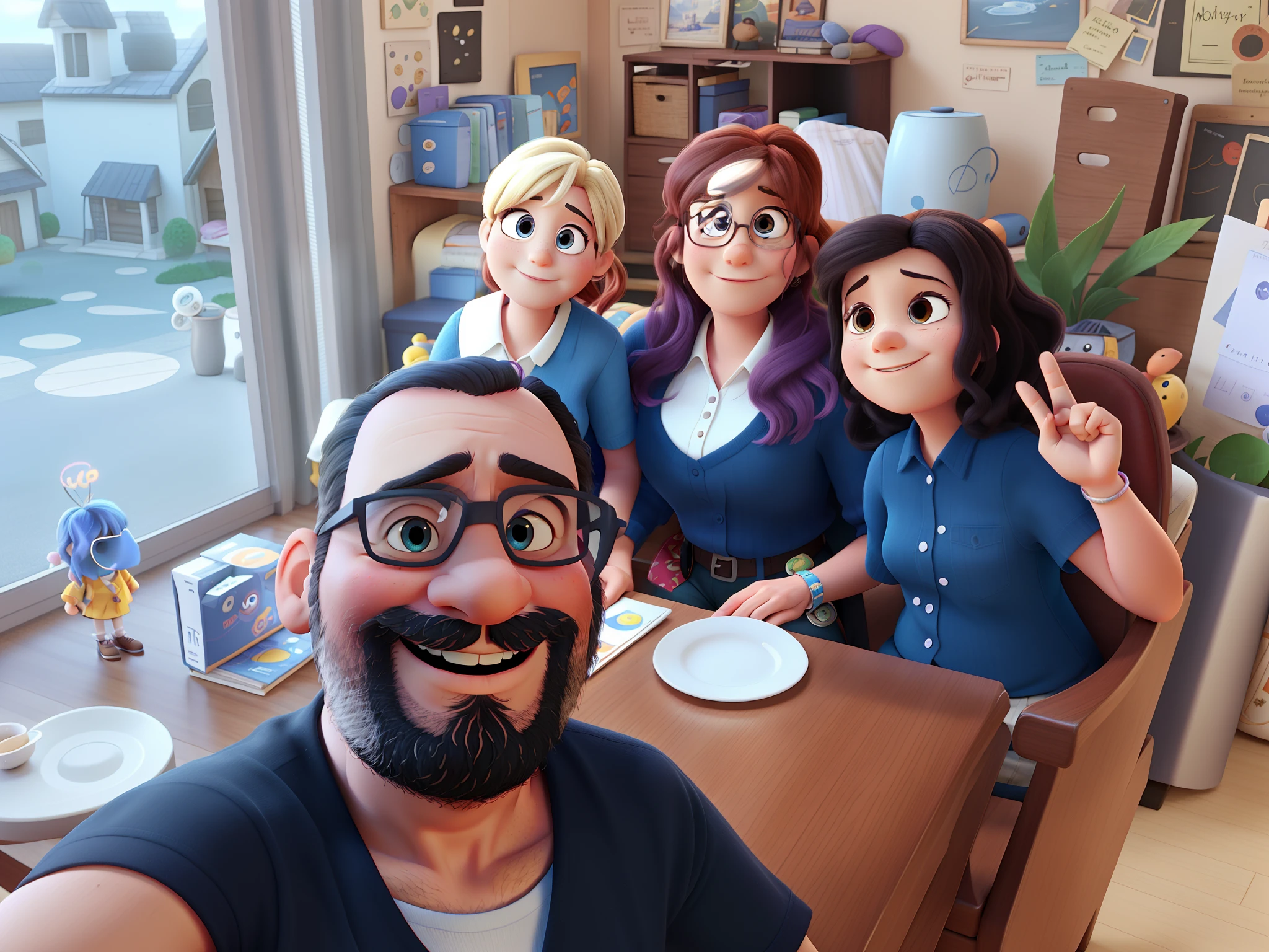 Father's Pixar-style family, mother and two daughters,