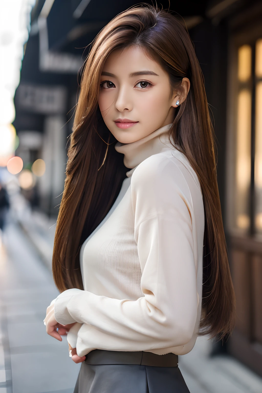 ((top-quality、in 8K、masterpiece:1.3))、foco nítido:1.2、Beautiful woman perfect body:1.4、Slim abs:1.2、((Longhaire、straight haired:1.2))、(Dark grey long sleeve turtleneck、tight skirts:1.1)、(Sateen、a street:1.2)、wetbody:1.5、Three-dimensional texture、A detailed eye、Brown hair、Very shiny hair、posterior view、Hair quality improvement
