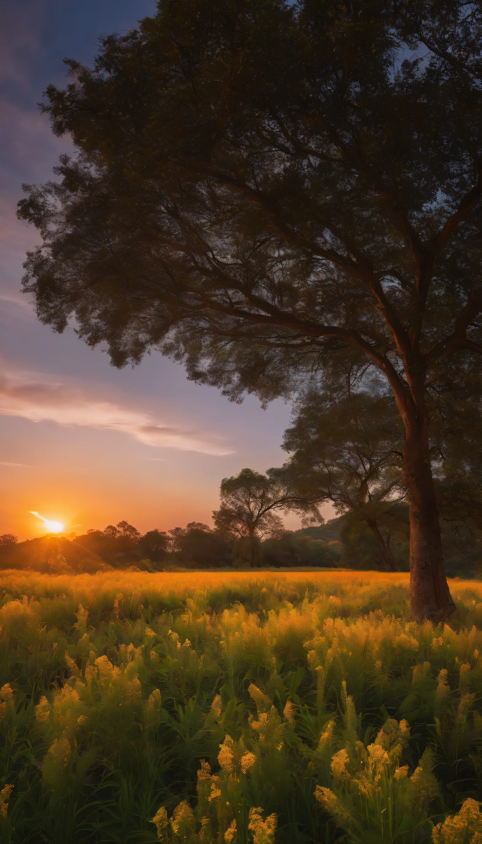 campo de trigo com um por do sol e uma brisa suave,real UHD