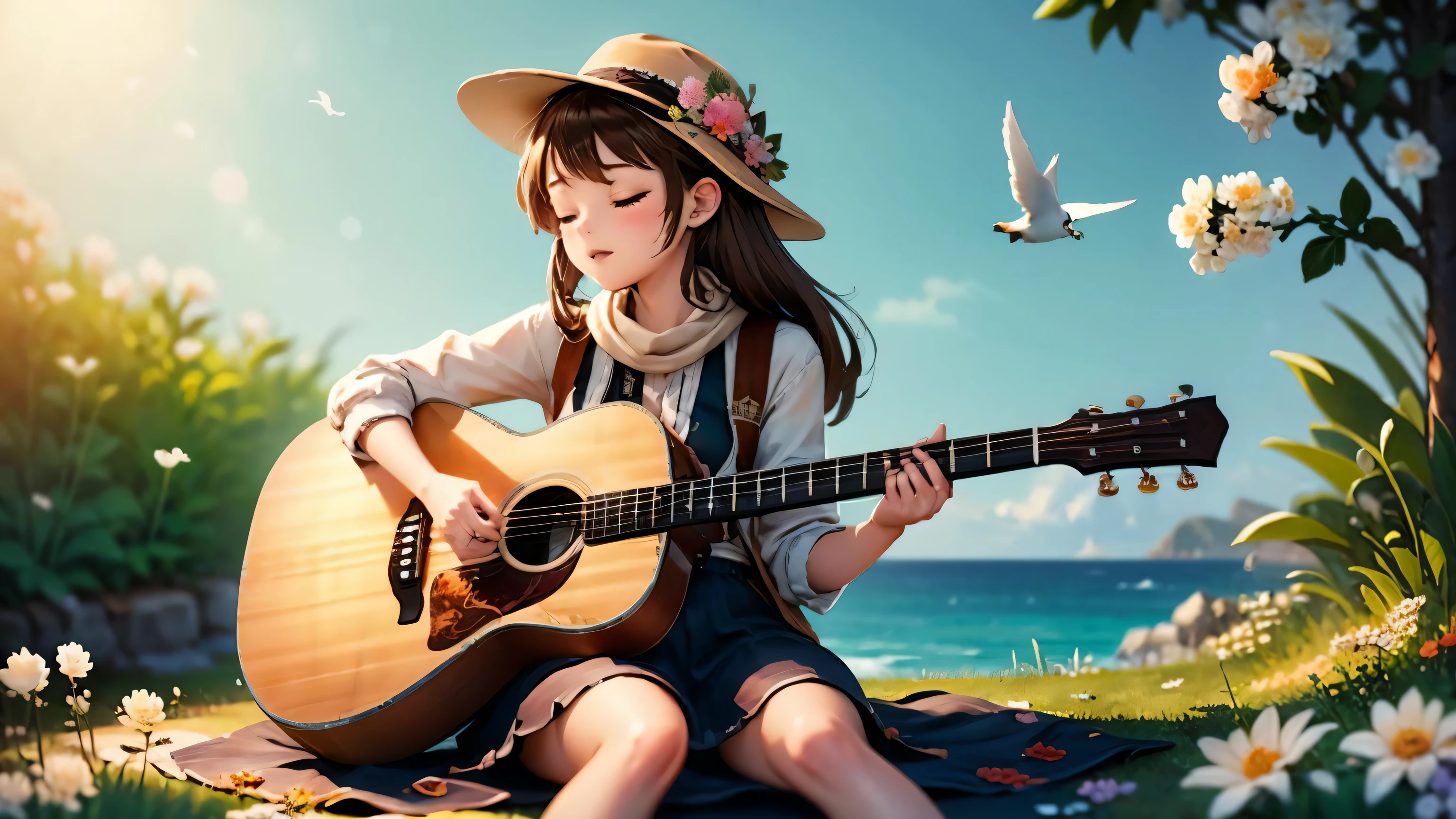 flute, 1girl, guitar, music, playing guitar, female focus, hat, bird, closed eyes, watermark, solo, sitting, nature, bandana, brown hair ,  (flower background:1.3), flower