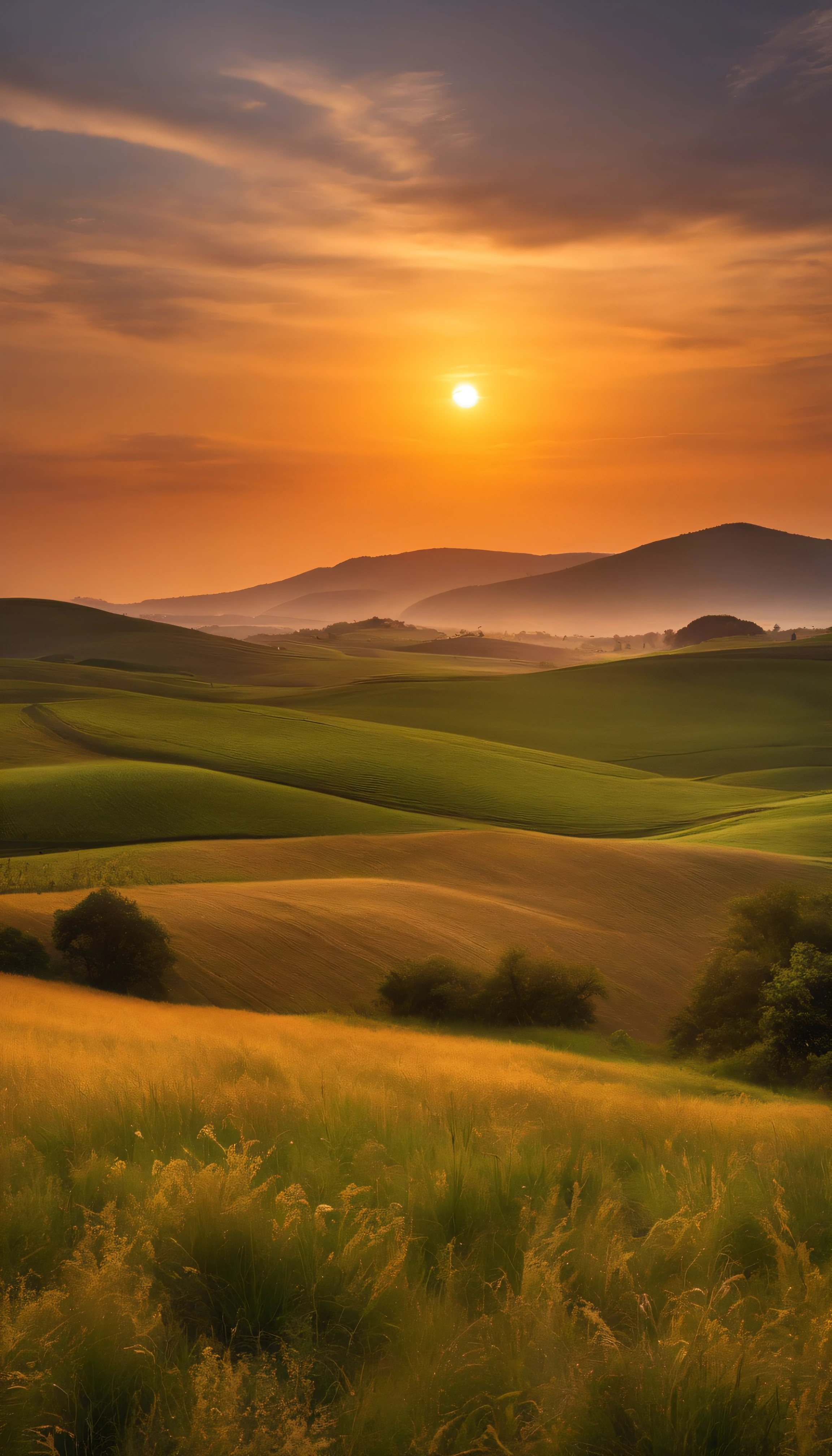 campo de trigo com um por do sol e uma brisa suave,real UHD