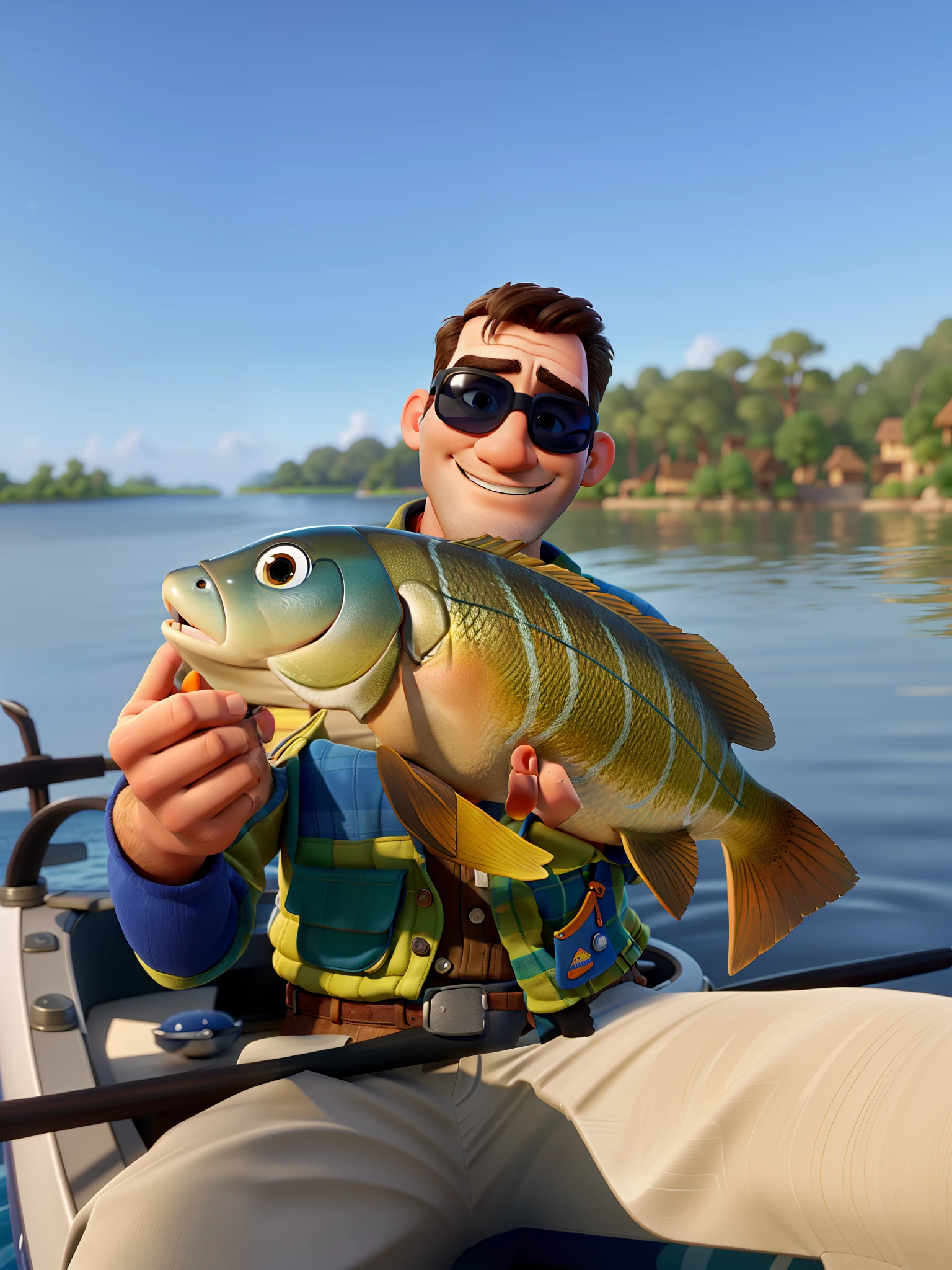 A disney pixar style man, high quality, best quality, holding a fish in his hand, tree background, inside a boat in the water, man without a beard and sunglasses, bald