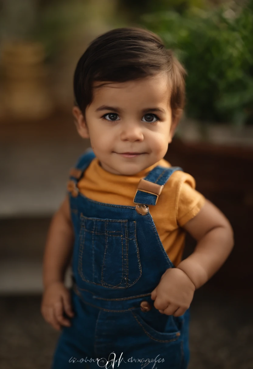 menino: Miguel, aproximadamente 5 anos de idade, cabelo curto estilo Disney, olhos castanhos e sorrisos. garota: Giovana, 2 anos, longos cabelos pretos e olhos azuis. scenecy: Miguel and Giovana are in a cozy little house in the valley, ao fundo um dia ensolarado, Destacando o Sol.