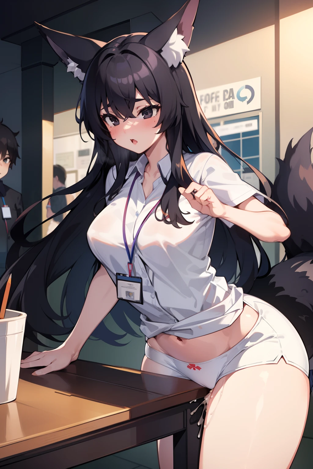 1girl, table humping, crotch rub, white shirt, pencil skirt,
office, white panties, skirt lift, lanyard, table, lifting, multiple boys,suggestive fluid,, masterpiece, best quality, highly detailed, long black hair, black eyes, fox ears, fox tail