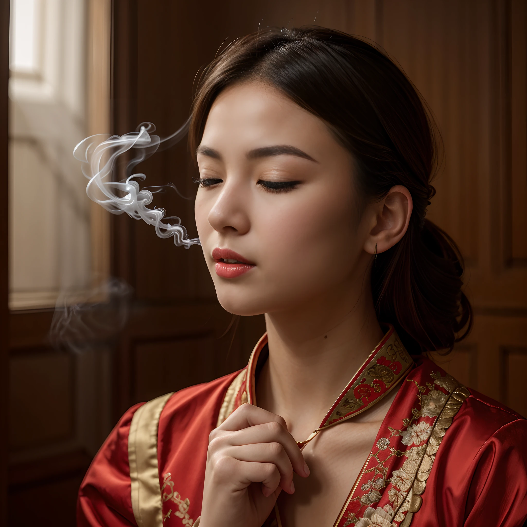 (masterpiece, best quality), 1girl, full body, face, feet, documentary photo of Chinese girl wears typical traditional Chinese dress is intent on the tea ritual. Typical old Chinese room, smoke in the air, very diffuse light, sensual movements, green_eyes, red lips, slightly open mouth, closed eyes, soft light, high res photo, high detailed, (highly detailed skin:1.2), 16k, High details. ultra high res.photorealistic:1.4, UHD, DSLR, soft lighting, high quality, grain color film, FujifilmXT3, low angle point of view