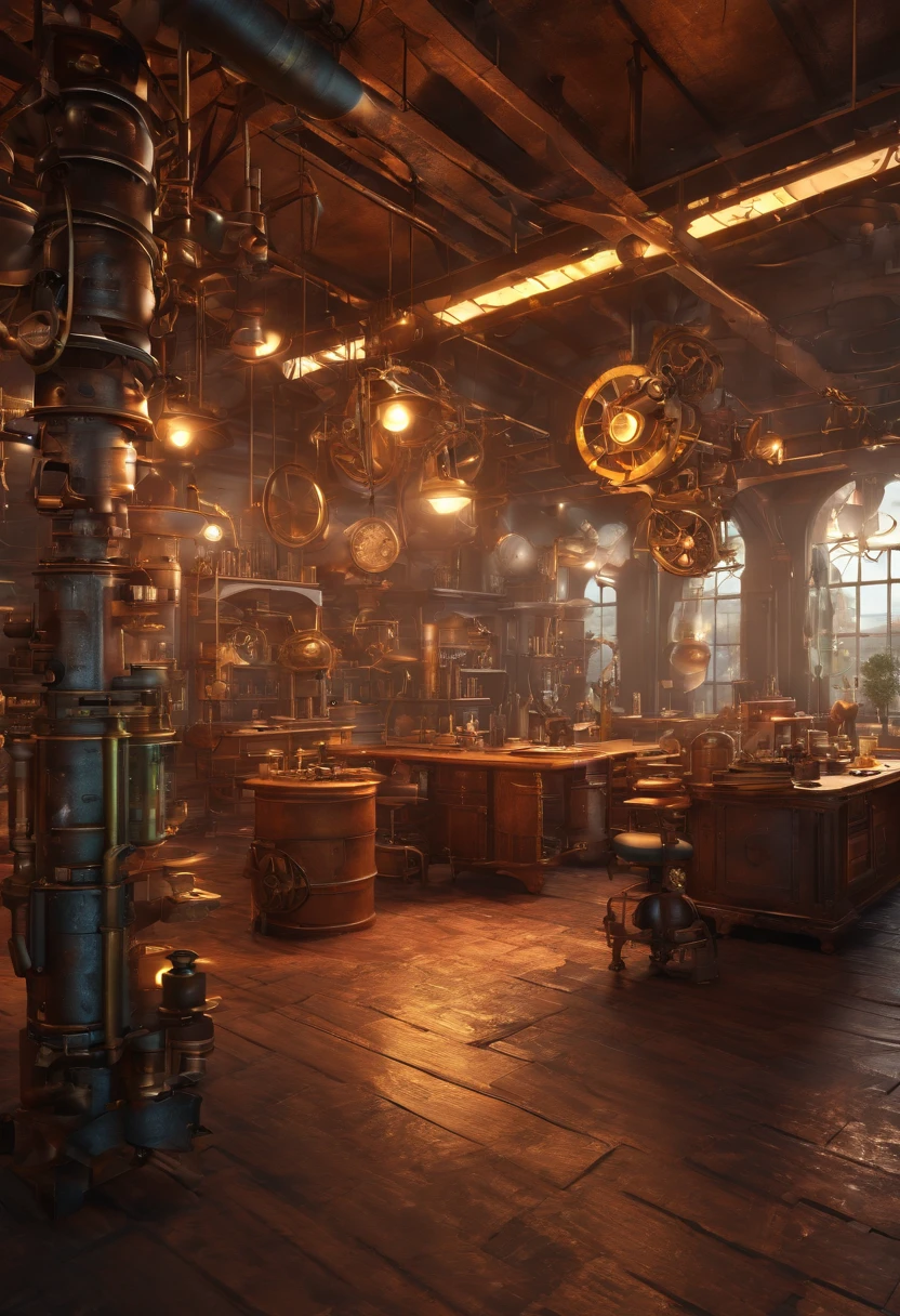There is a large room with many lights and many tables, steampunk factory background, matte painting of steam machines, fantasy atmospheric lighting, arte conceitual steampunk, steampunk setting, dramatic lighting. arte conceitual, in a steampunk laboratory, Inspirado Sci Vitoriano - Fi, 3d renderizado steampunk, steampunk imagery themed, atmosfera dourada da cidade steampunk, arte conceitual atmosfera deslumbrante
