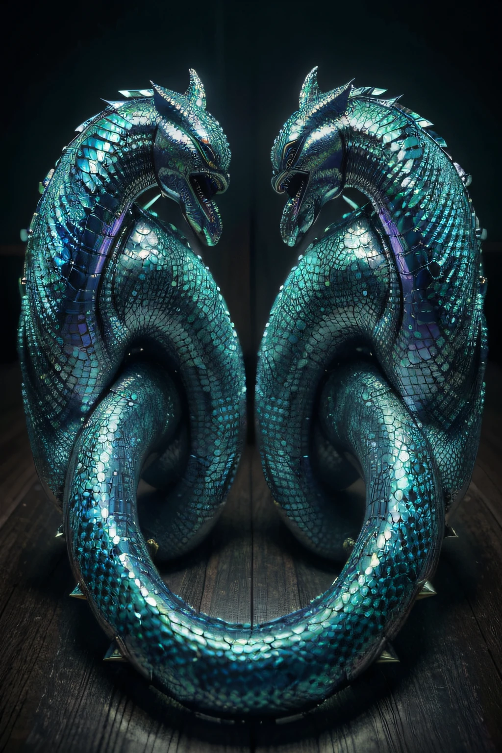 (best quality,4k,8k,highres:1.2),ultra-detailed,(realistic,photorealistic,photo-realistic:1.37),traditional hand-drawn,(Hirohiko Araki-style,Hirohiko Araki-inspired) monster serpent with two heads,(iridescent,shimmering,glowing) scales,sharp-clawed arms,emerald eyes,big mouth.