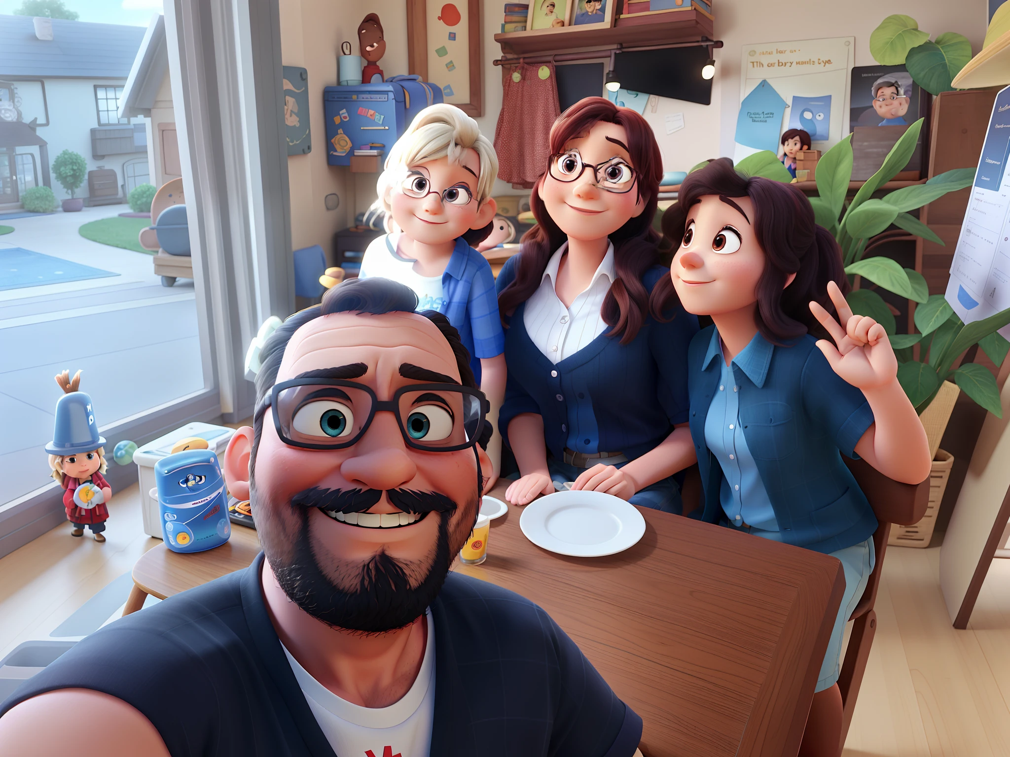 Father's Pixar-style family, mother and two daughters,