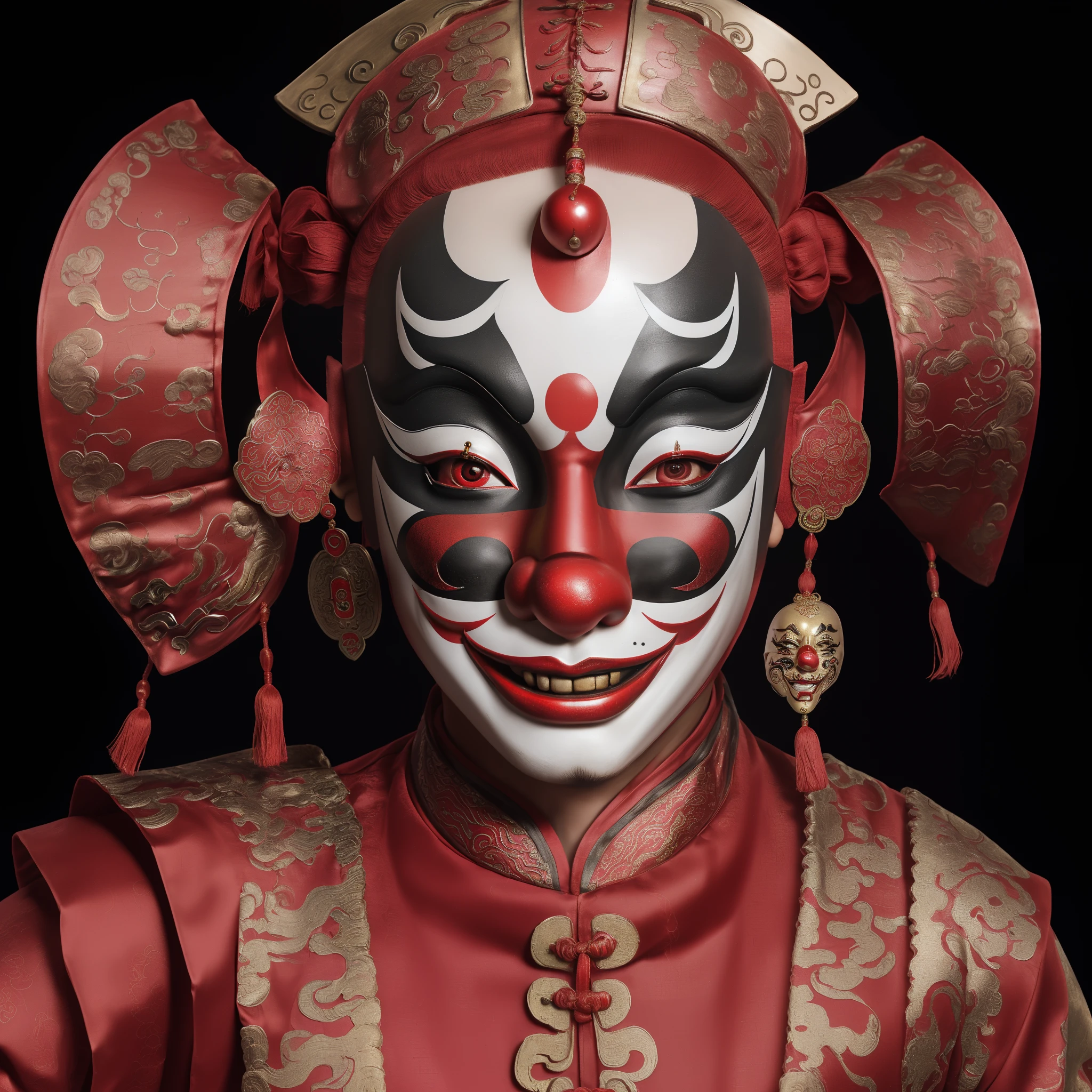 ((Close-up of a bald Sichuan drama clown mask), （bald-headed：1.37），closeup of face，（Hideous laughing emoji），Big red nose，Big red nose，Panda makeup，Smoky makeup，crazy, Facebook face，Clown makeup， (Masks of Sichuan opera and Peking opera）,  Sichuan opera, Classic tracks, Masquerade masks，golden colored，red colour，colorful mask，Evil smile, Open your mouth and laugh，Black P masquerade mask, with detailed facial features, drama masks, Realistic, (Left and right asymmetry)
Masterpiece, Intricate details,hyper HD, Masterpiece, ccurate, Anatomically correct, Textured skin, High details, Award-Awarded, High quality, A high resolution, Best quality, 8K