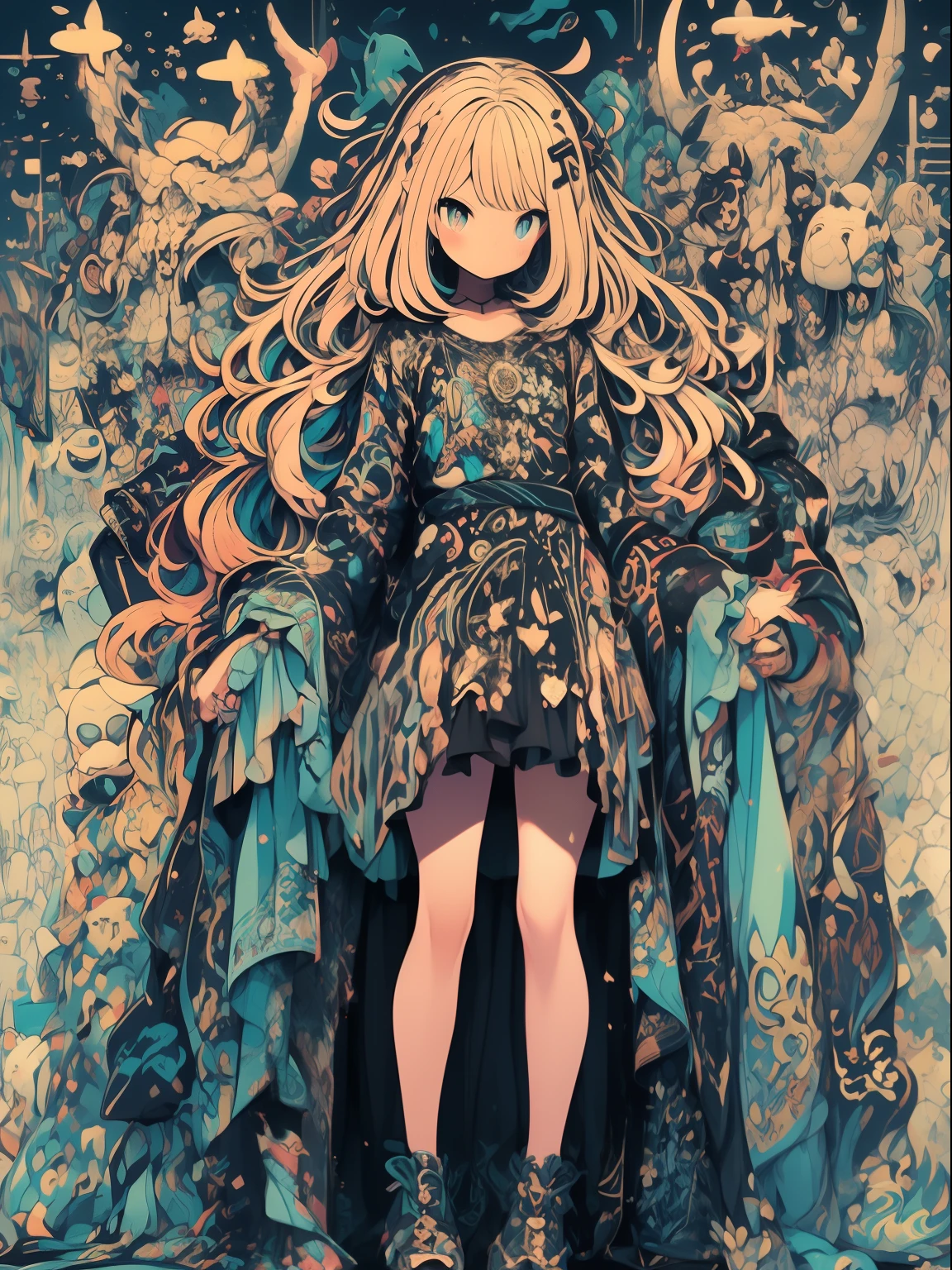 in 8K、top-quality、masterpiece、ultra-detailliert、Ultra-high resolution、((1 persons))、girl with、Halloween、witch's hat、a blond、Braided hair、Black Dress、bare shoulders、cleavage of the breast、makeups、eyeshadows、A bracelet、medieval town、Sit on the roof、Black cat