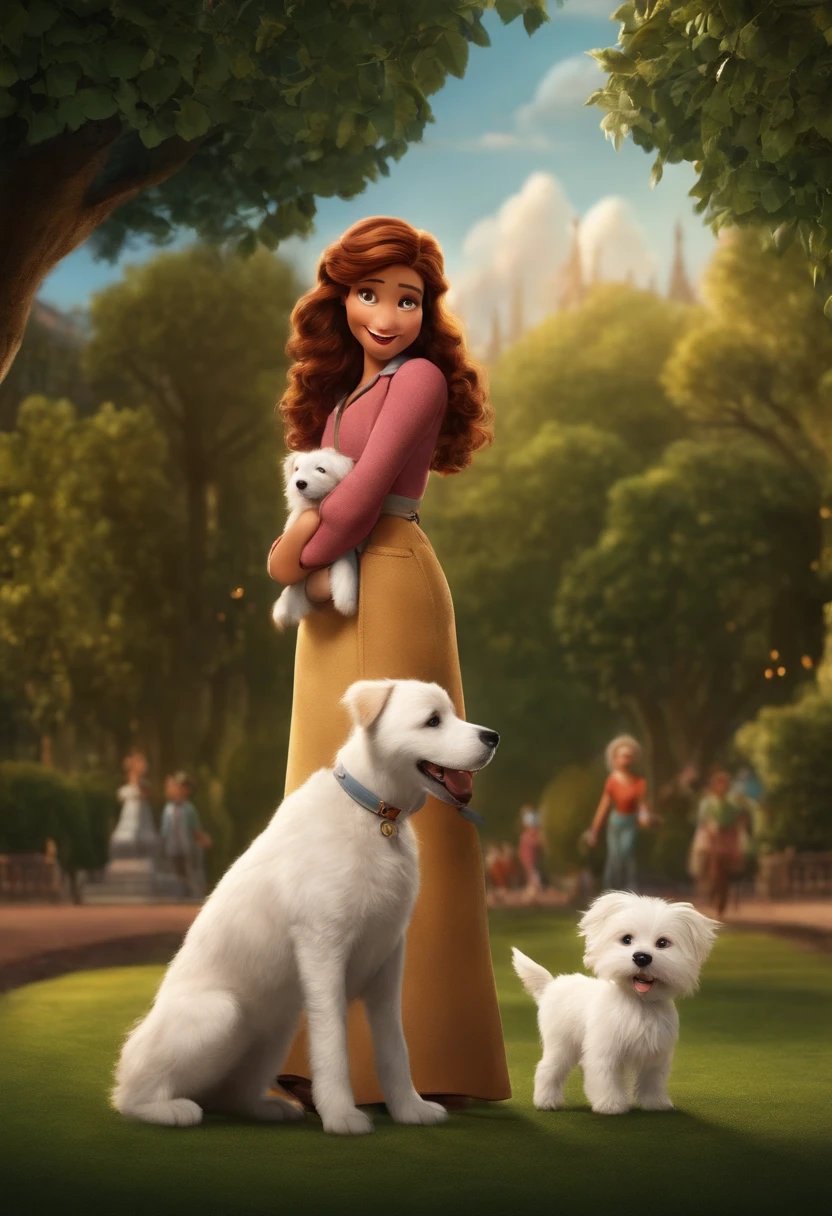 crie um poster estilo disney pixar de uma garotinha branca, sorridente, de cabelos castanhos ondulados, Holding a little white dog in a park with the title "GIULIA"