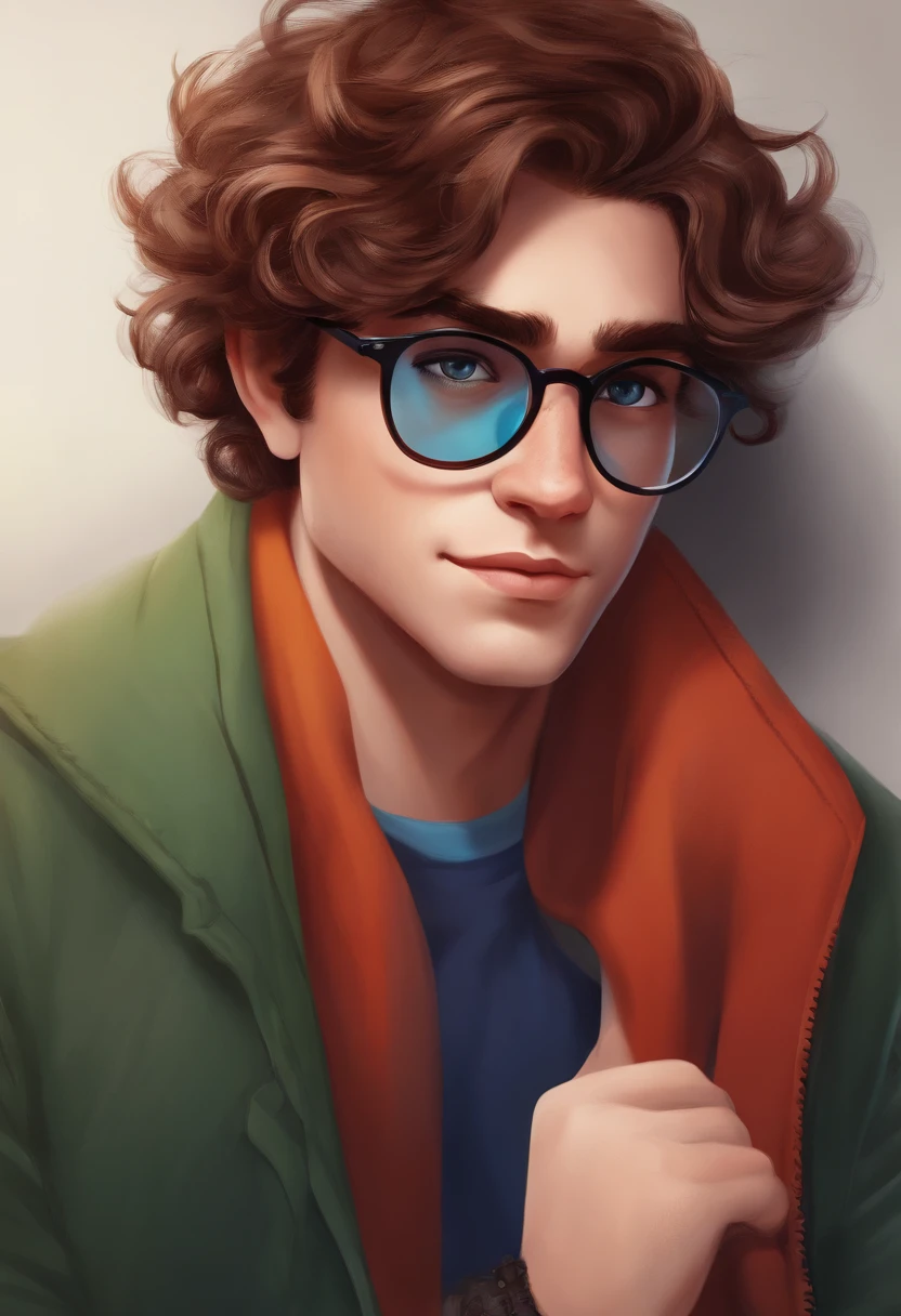 personagem de desenho da Disney Pixar, moreno, with glasses and wavy hair, fofo e emo