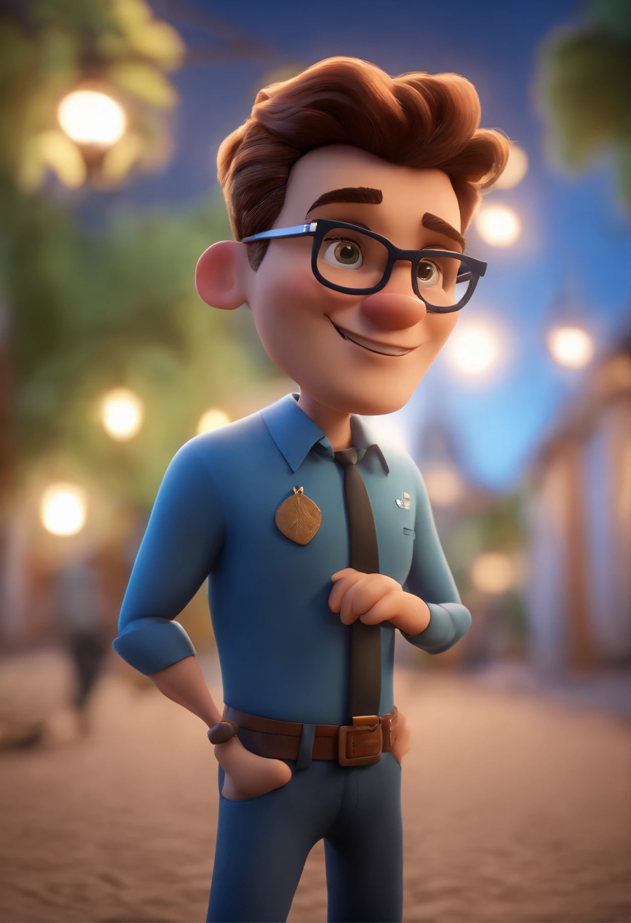 Cartoon character of a man wearing black glasses and a blue shirt, um personagem animado, Caractere estilizado, animation style rendering, 3D estilizado, Arnold Maya render, 3 d render stylized, toon render keyshot, Personagem 3D, Personagem 3D, 3d rendering stylized, 3 d character render, personagem de desenho animado, Personagem de close up, Pose de personagem, (Estilo Pixar) (master part:1.2) (Bokeh) (best quality) (pele detalhada) (textura detalhada) (8k) (argila) (Cinematic lighting) (foco nítido,Senta e vaza a parte superior do corpo