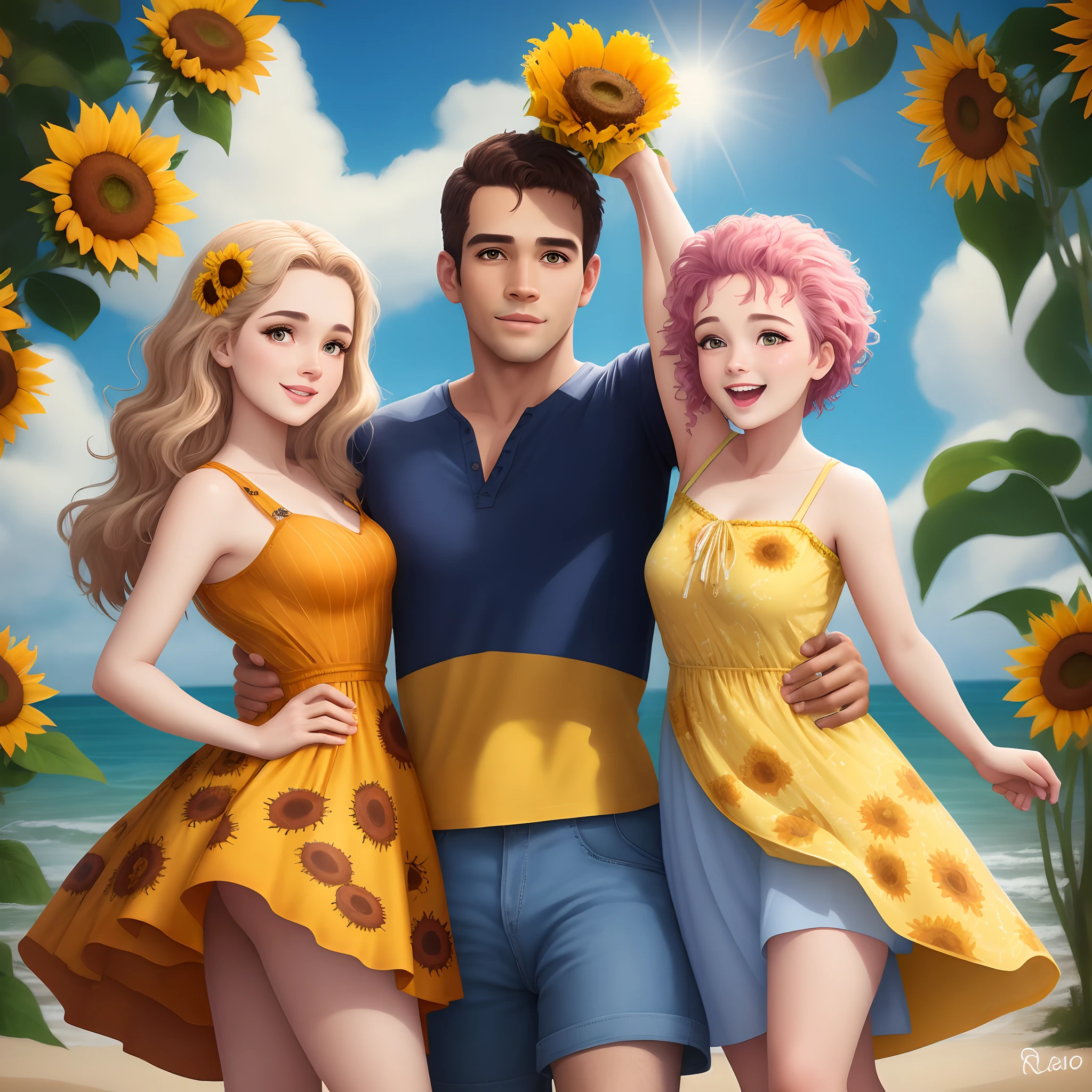 Disney Pixar style poster in very high quality.
Casal fazendo pose um de frente para o outro, rostos colados o olhar apaixonado.
Ele, alto, Strong shaved hair in machine 1, com camisa laranja e bermuda preta.
Ela, medium stature, cabelo comprido e castanho escuro, Wearing a yellow dress with sunflowers. No fundo uma praia com o mar bem azul