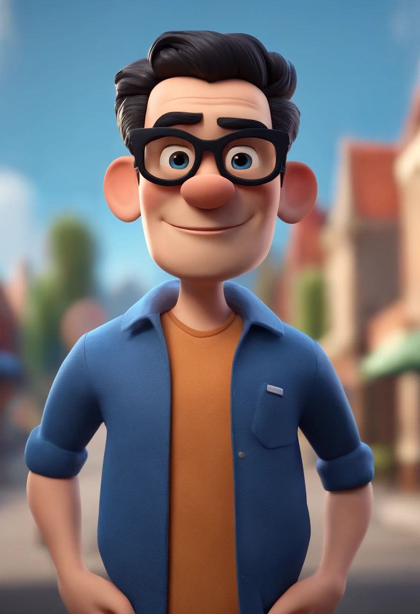 Cartoon character of a man wearing black glasses and a blue shirt, um personagem animado, Caractere estilizado, animation style rendering, 3D estilizado, Arnold Maya render, 3 d render stylized, toon render keyshot, Personagem 3D, Personagem 3D, 3d rendering stylized, 3 d character render, personagem de desenho animado, Personagem de close up, Pose de personagem, (Estilo Pixar) (master part:1.2) (Bokeh) (best quality) (pele detalhada) (textura detalhada) (8k) (argila) (Cinematic lighting) (foco nítido,Senta e vaza a parte superior do corpo