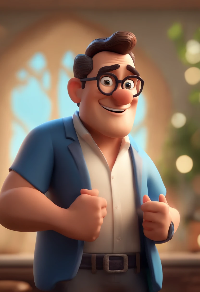 Cartoon character of a man wearing black glasses and a blue shirt, um personagem animado, Caractere estilizado, animation style rendering, 3D estilizado, Arnold Maya render, 3 d render stylized, toon render keyshot, Personagem 3D, Personagem 3D, 3d rendering stylized, 3 d character render, personagem de desenho animado, Personagem de close up, Pose de personagem, (Estilo Pixar) (master part:1.2) (Bokeh) (best quality) (pele detalhada) (textura detalhada) (8k) (argila) (Cinematic lighting) (foco nítido,Senta e vaza a parte superior do corpo