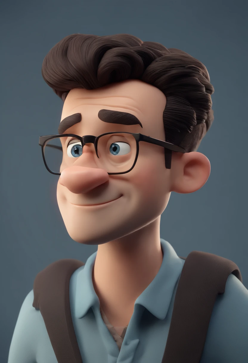 Cartoon character of a man wearing black glasses and a blue shirt, um personagem animado, Caractere estilizado, animation style rendering, 3D estilizado, Arnold Maya render, 3 d render stylized, toon render keyshot, Personagem 3D, Personagem 3D, 3d rendering stylized, 3 d character render, personagem de desenho animado, Personagem de close up, Pose de personagem, (Estilo Pixar) (master part:1.2) (Bokeh) (best quality) (pele detalhada) (textura detalhada) (8k) (argila) (Cinematic lighting) (foco nítido,Senta e vaza a parte superior do corpo