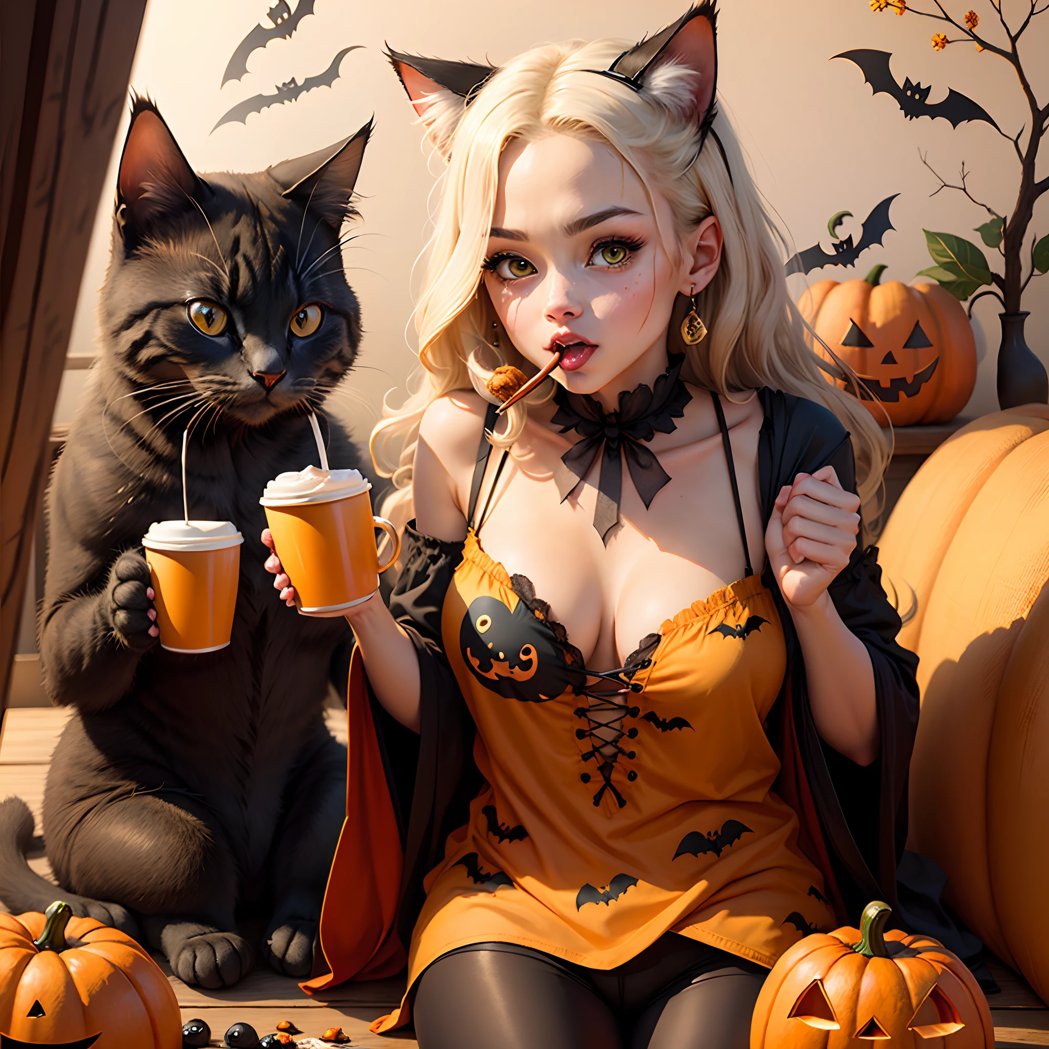 Cat drinking coffee halloween style