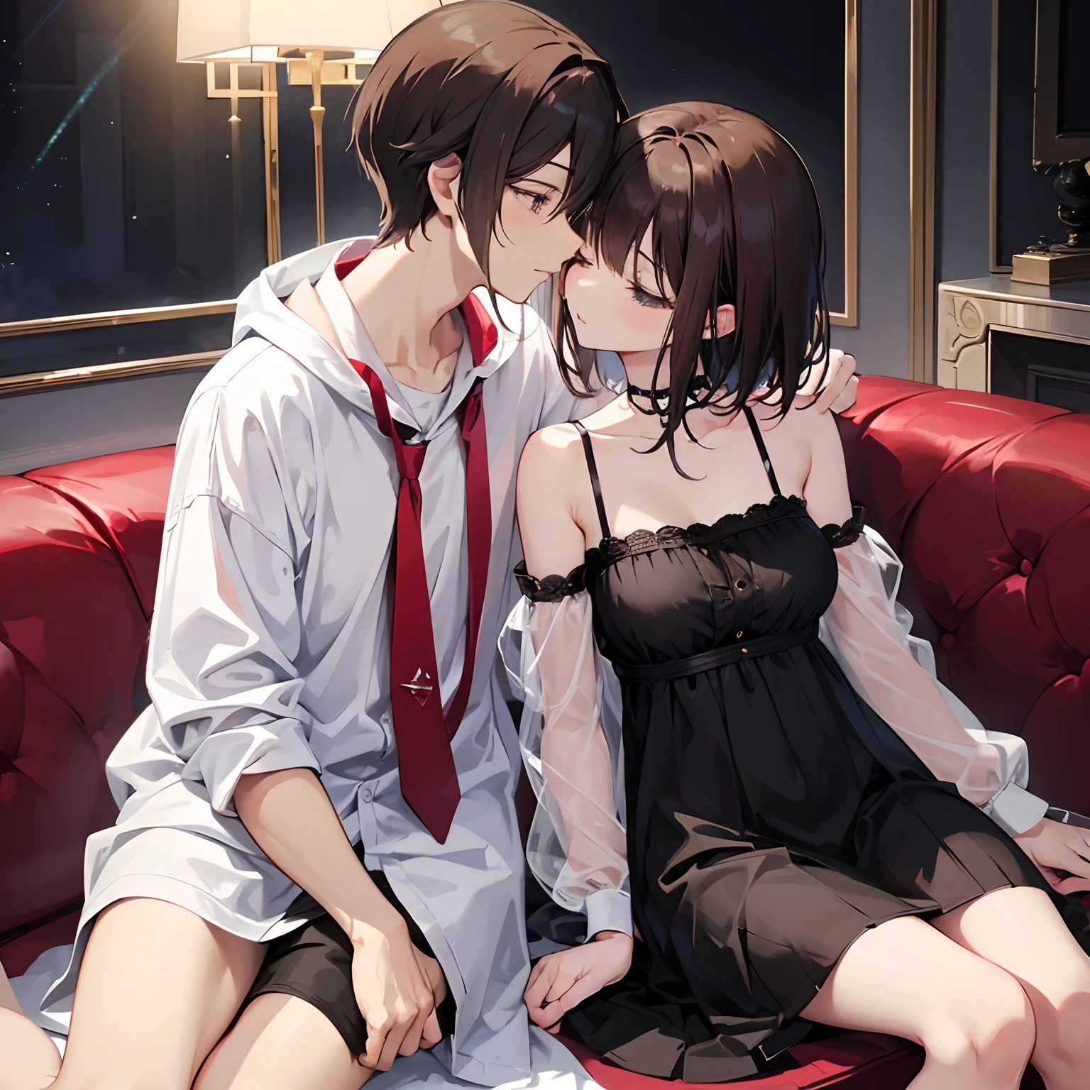 （masutepiece）（high-detail）Male and female couples in their 20s、1 male, 1 female、Light clothing for both men and women、During a kiss、Romance for women、Glossy atmosphere、Glossy look、Saliva spills、femele（Brown hair semi-long、negligee）closing eye、Sweet sigh、male people（black hair shorthair、Y shirt、Untied tie、legs showing）Close your eyes strongly、Background with（a room、sofa）、deep in the night、Darker