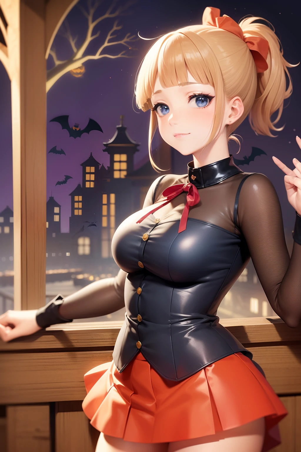 Halloween, ((Halloween Costumes:1.5)), ((skirt by the:1.5)), BREAK, very detailed face and eyes, ((Kyoto Animation Style)), super precision, ​masterpiece, very extremely beautiful, Princess Face,  shorth hair, Straight hair, a blond, ((Short ponytail:1.5)), ((Straight bangs:1.5)), ((hime-cut:1.5)), Blue eyes, ((medium breasts)), BREAK, Red ribbons, cowboy  shot, dynamicposes, gland, A slight smil, frombelow, shrines, chapel, is standing, frombelow, a closed mouth, kawaii faces,