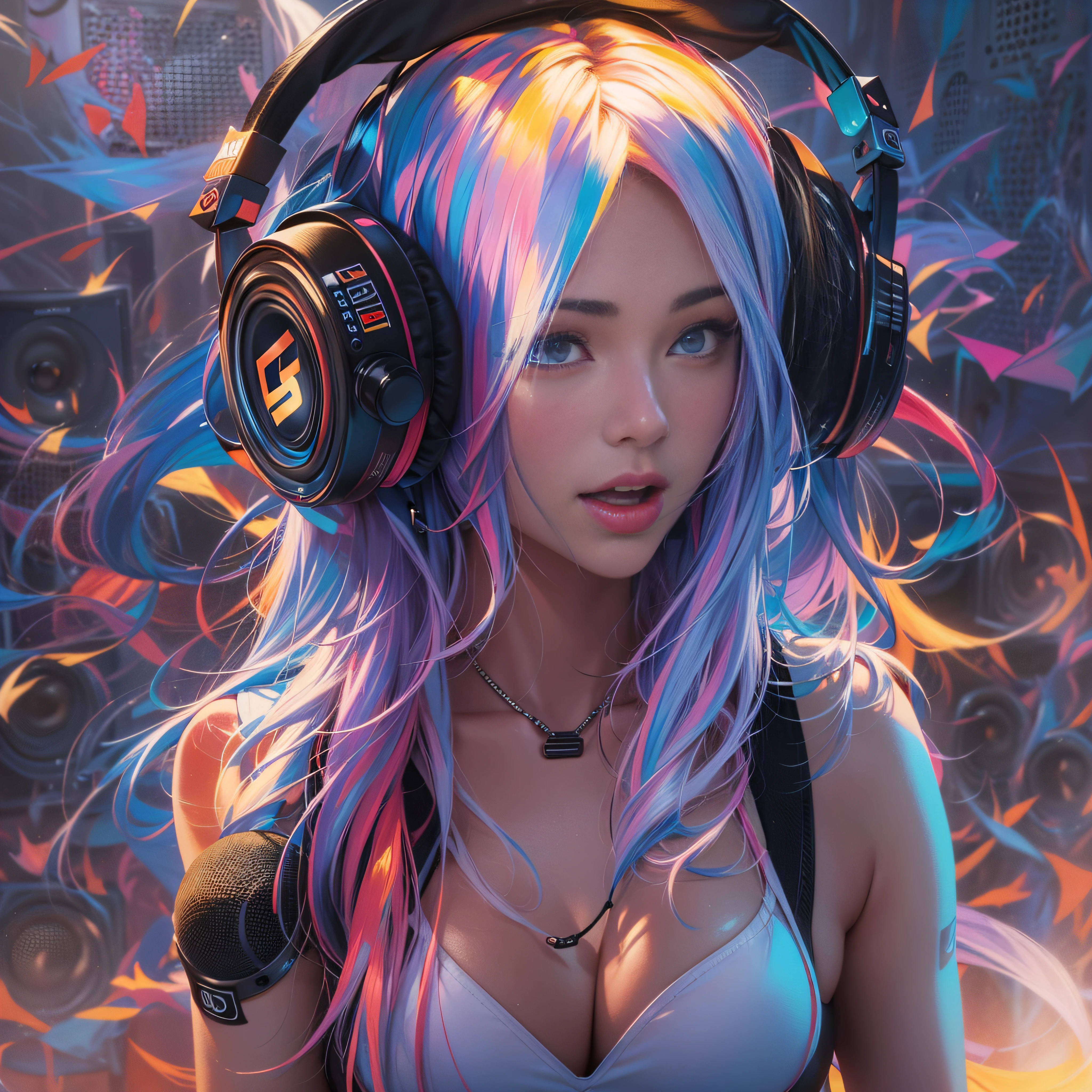 masuter piece、super-fine、A hyper-realistic、Beautiful female artist in DJ suit with black top and headphones、dj set、Sportsbra、headphones dj rave, Sportsbra, headphones、dj at a party、dj rave party、CGstation、(((Huge speaker in background)))、(((Every wall is speaker)))、(colourful hair)、Glowing hair、inner colored、smokey