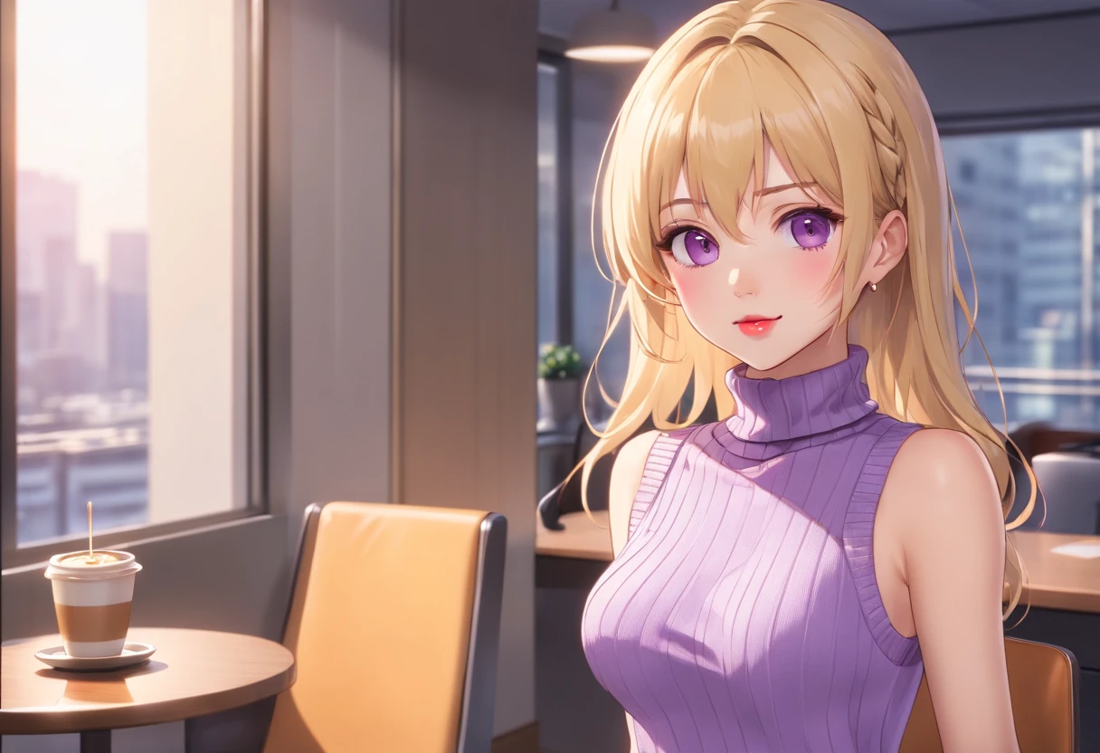 (masterpiece:1.3), high resolution, ultra detailed, extremely detailed CG unity 8k wallpaper, realistic, photo-realistic, RAW photo, beautiful detailed face, pale skin, realistic glistening skin, detailed cloth texture, detailed hair texture, Perfect body, Beautiful Face, accurate, Anatomically correct, Highly detailed face and skin texture, natural neck length, (beautiful hands), (fair skin:1.2), Thin legs, Thin feet, BREAK, Detailed eyes, symmetric eyes, Light Brown eyes, Double eyelids, Thin eyebrows, (Glossy lips:1.4), (gently smile:1.2), BREAK, (nsfw:1.1), (A Classy and Cute girl:1.3), (1 girl, one girl), ((wearing a Violet sleeveless turtleneck sweater:1.3)), (White pleated mini skirt), (long boots), (wearing glasses:1.1), (medium large breasts, slender figure, firm abs, firm breasts:1.1), beautiful clavicle, (blonde hair, wavy hair, long hair:1.2), ((asymmetrical bangs:1.2)), BREAK, ((Standing by the window with holding a coffee:1.2)), (from side:1.1), (looking sideway at viewer:1.2), ((Focus on face:1.2)), ((In the modern office at Japan at morning:1.2)), (Cowboy shot:1.2),